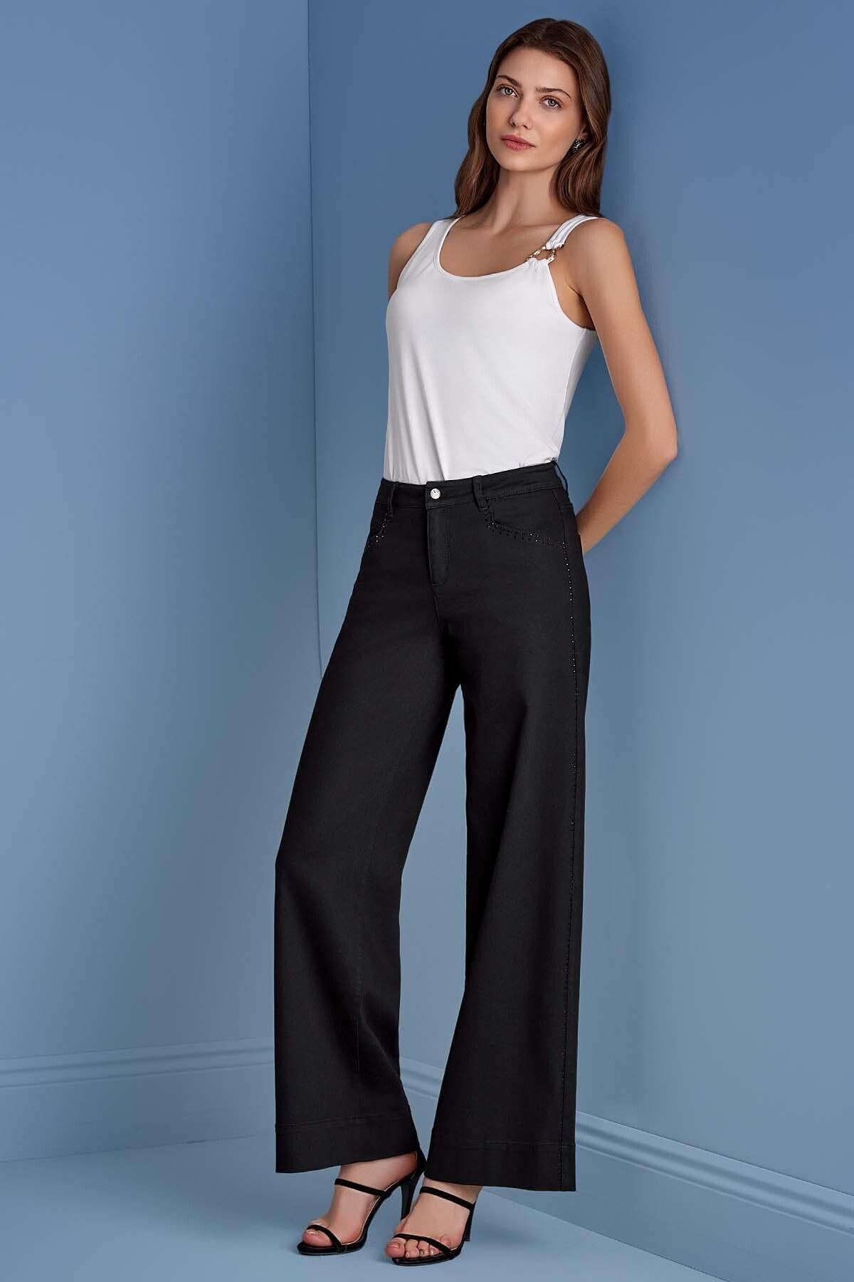 Wide Leg Black Denim Trousers