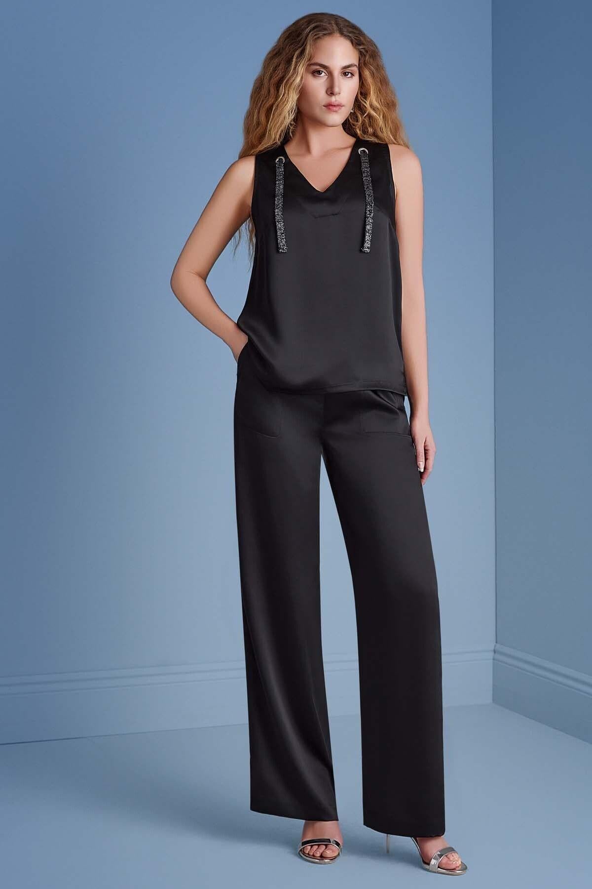 Wide Leg Black Satin Trousers