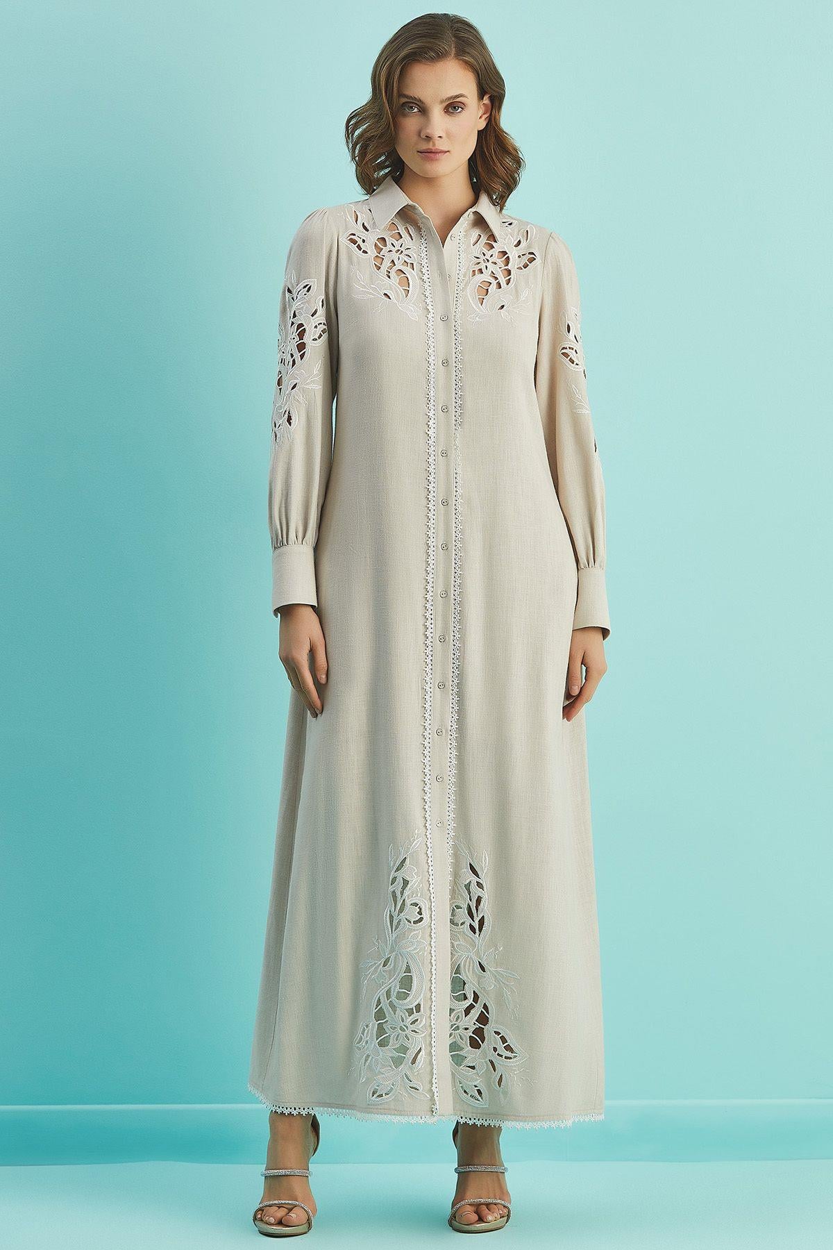 Shirt Collar Beige Linen Dress