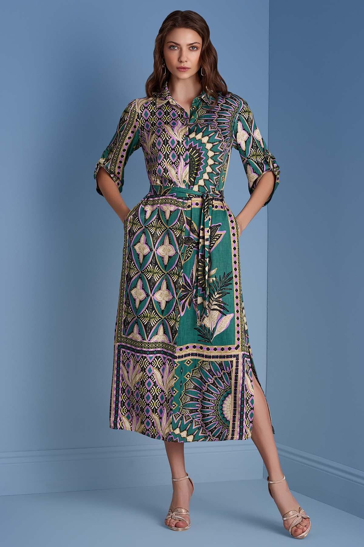 Shirt Collar Multi-Color Patterned Dress