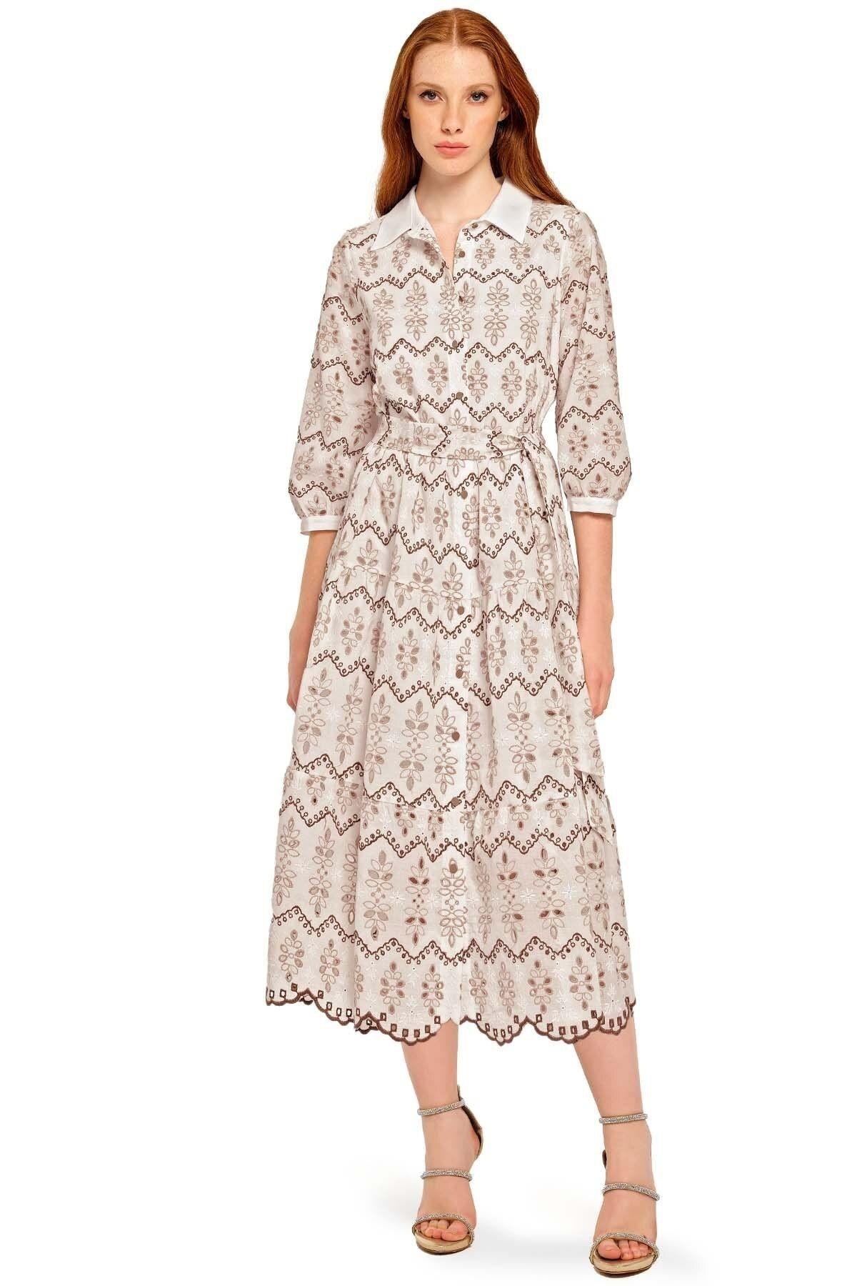 Shirt Collar Ecru Embroidered Dress