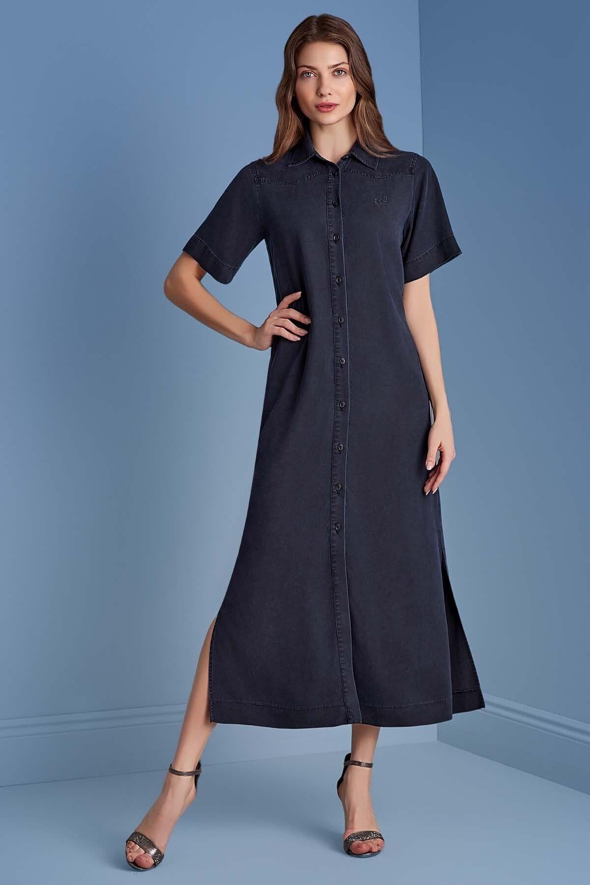 Shirt Collar Navy Woven Dress