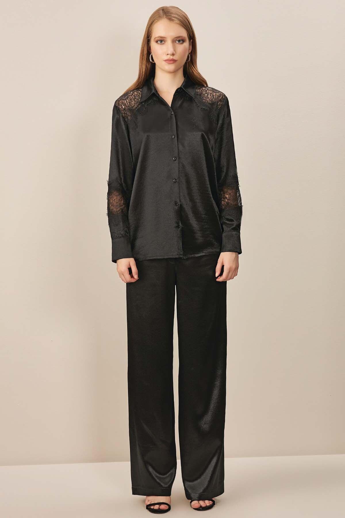 Shirt Collar Black Satin Shirt
