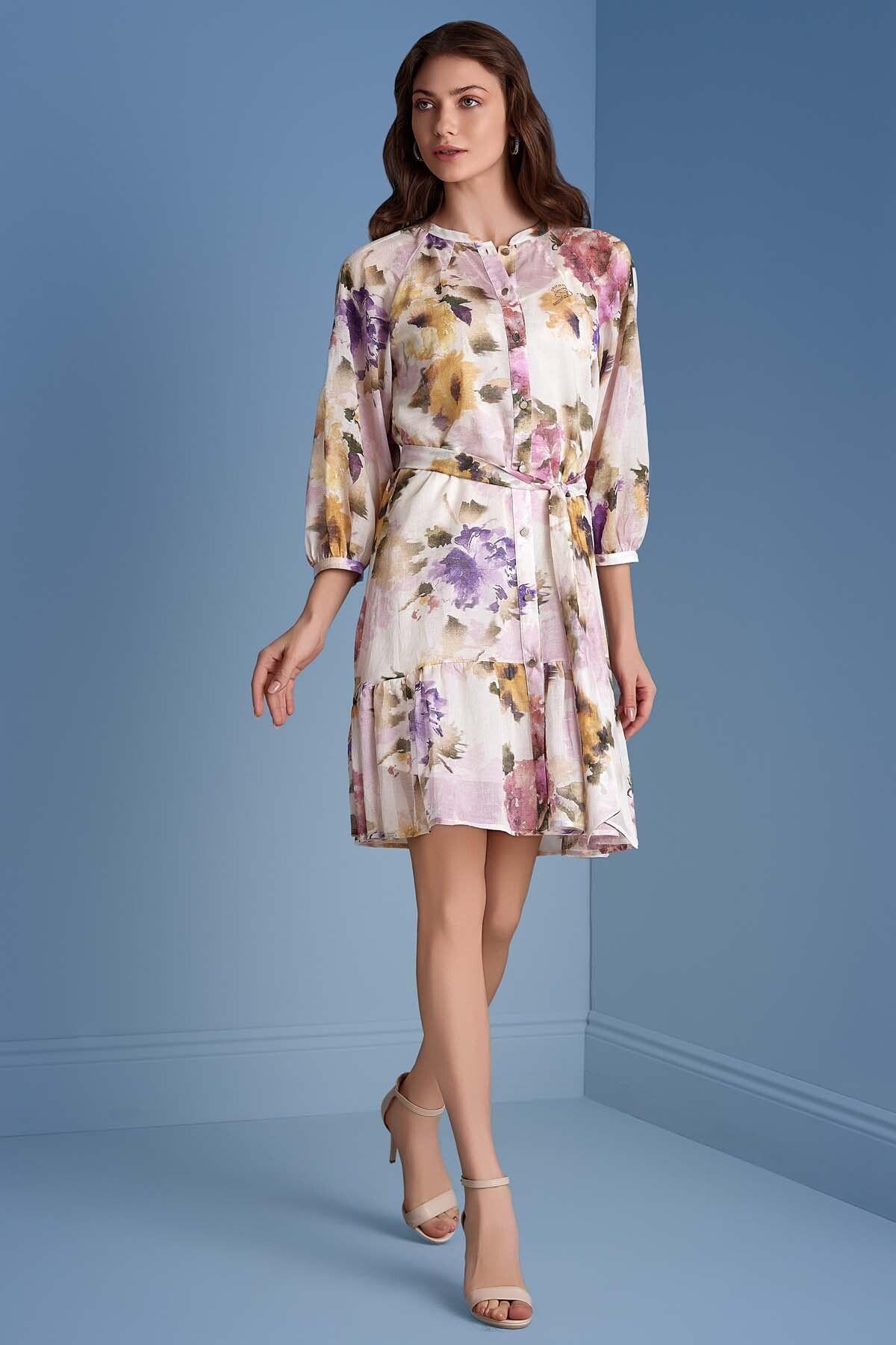 Mandarin Collar Multi-Color Patterned Dress
