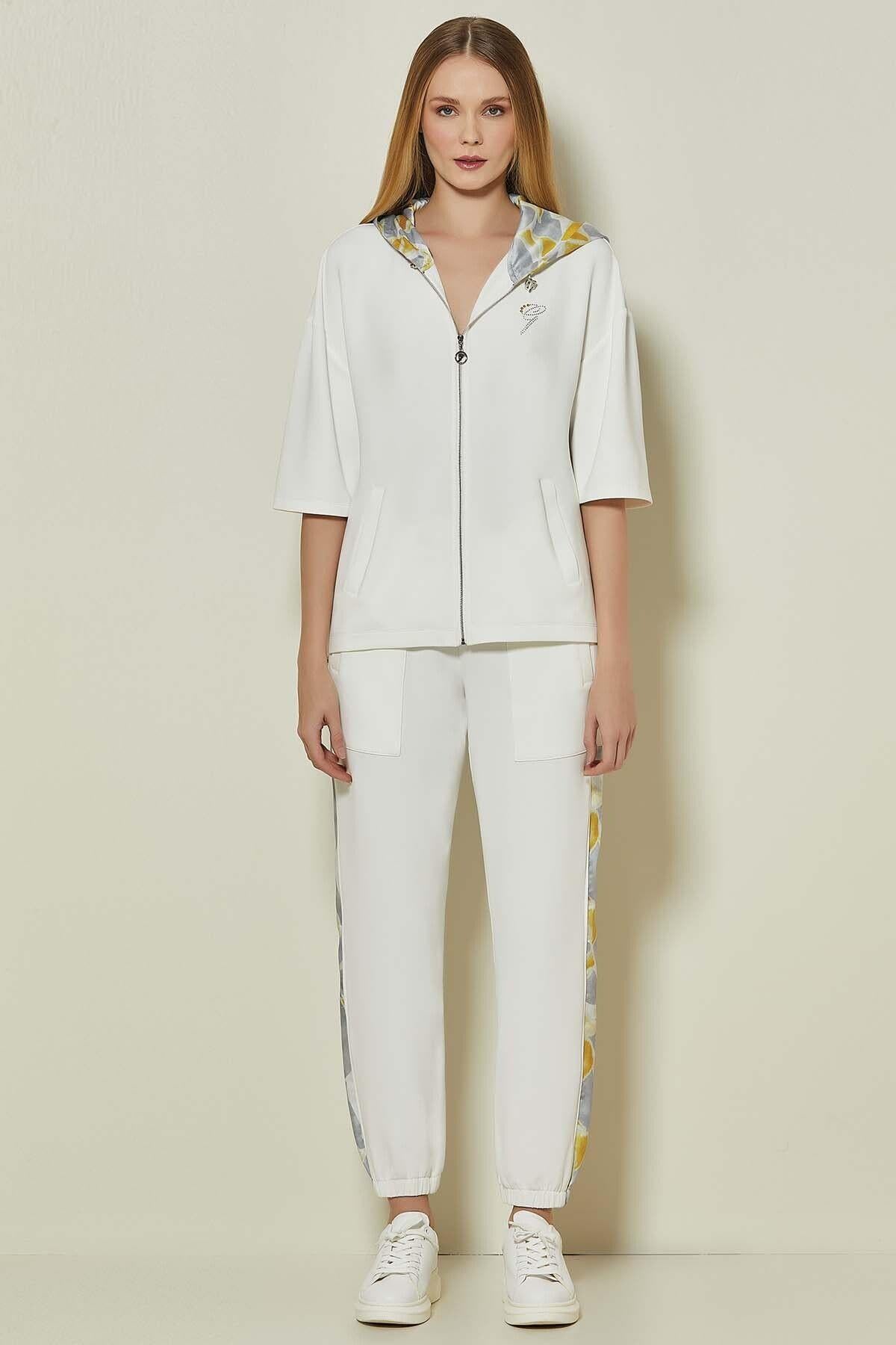 Hooded Zippered White Satin Sweatshirt Top