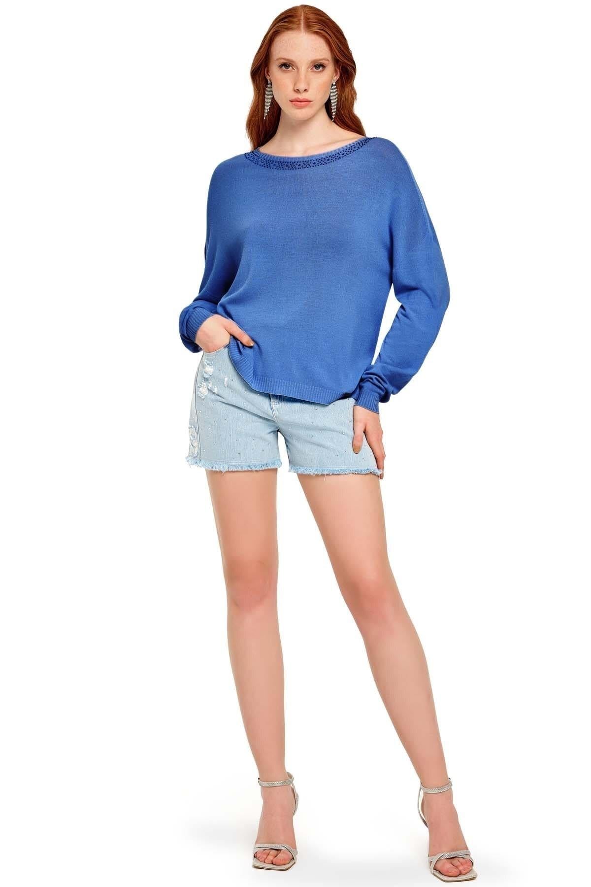 Boat Neck Blue Knit Sweater