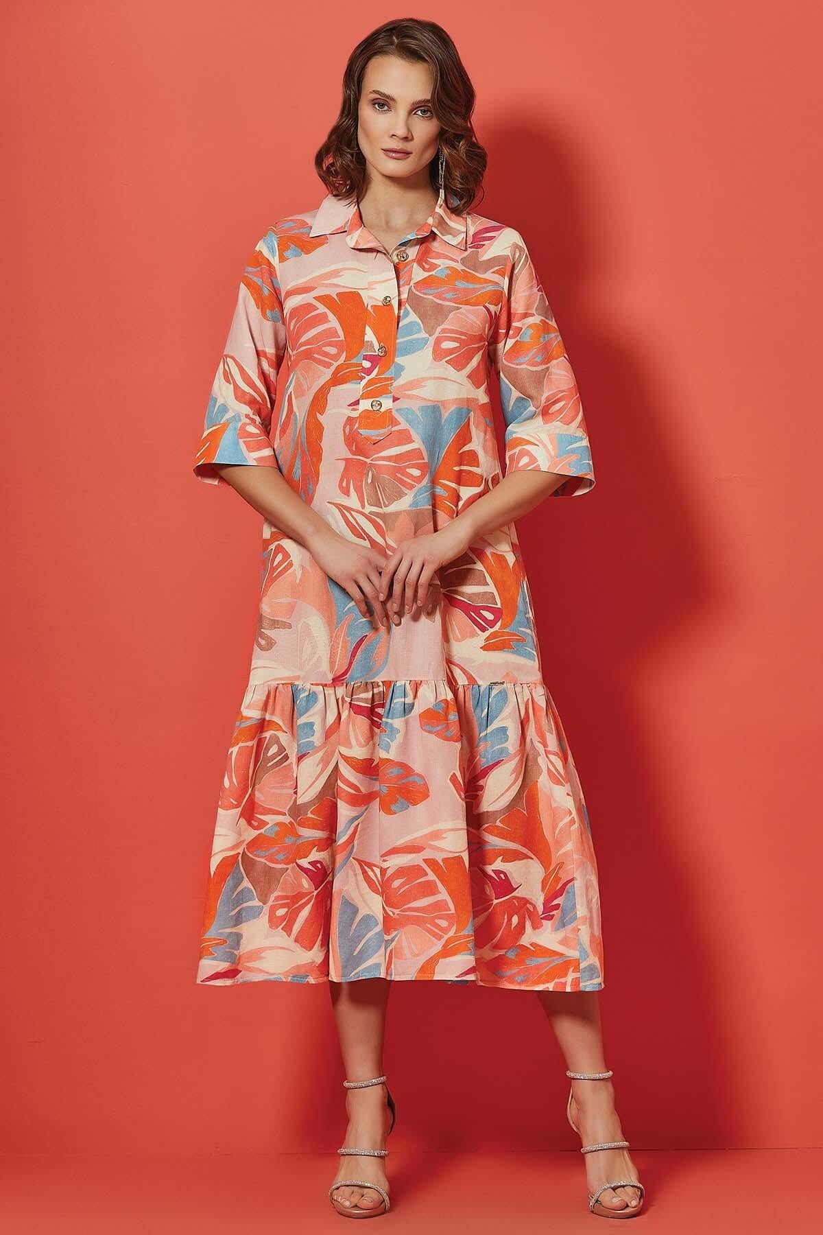 Flared Multi-Color Linen Dress
