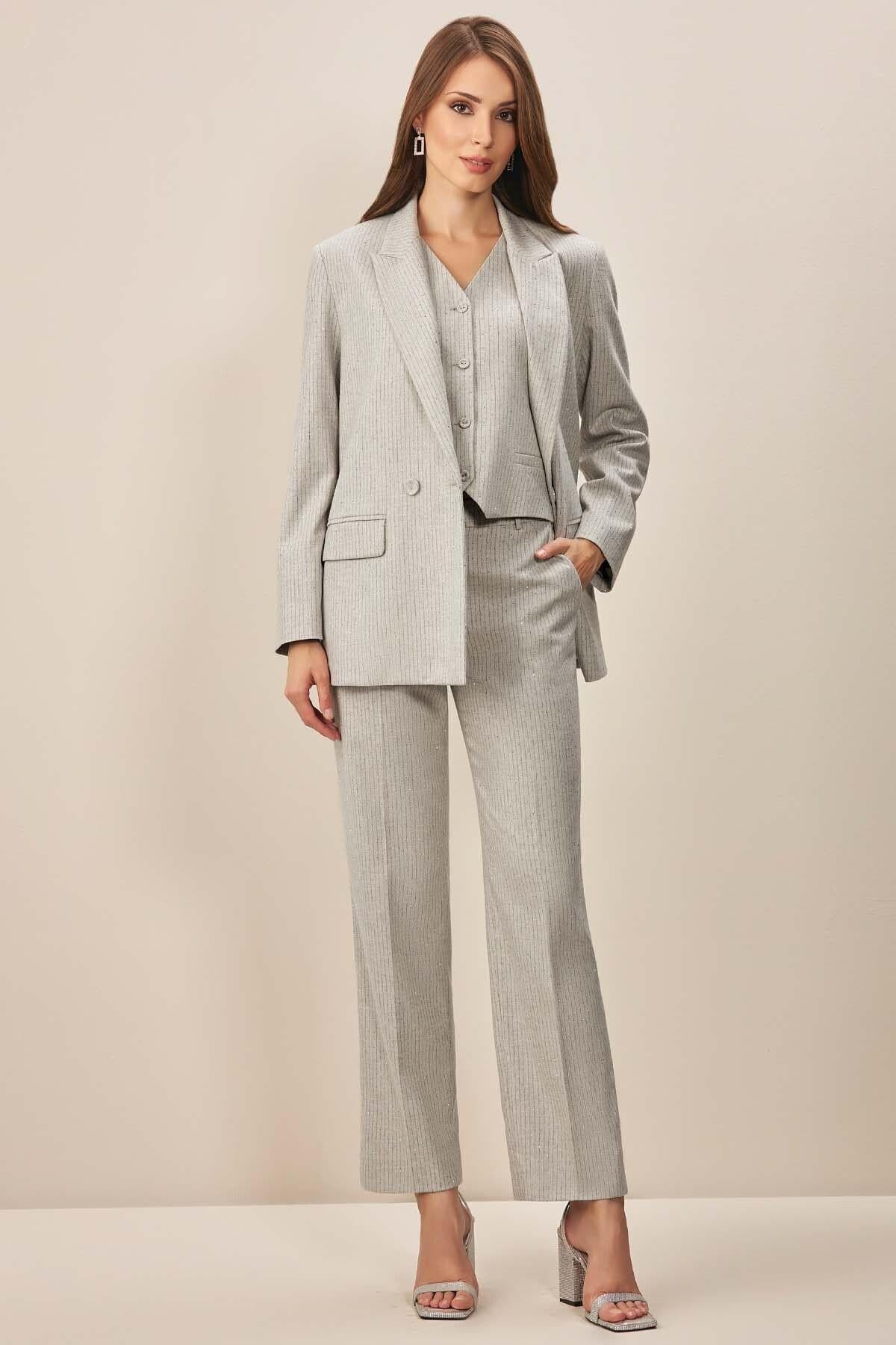 Kruvaze Yaka Gri Dokuma Blazer