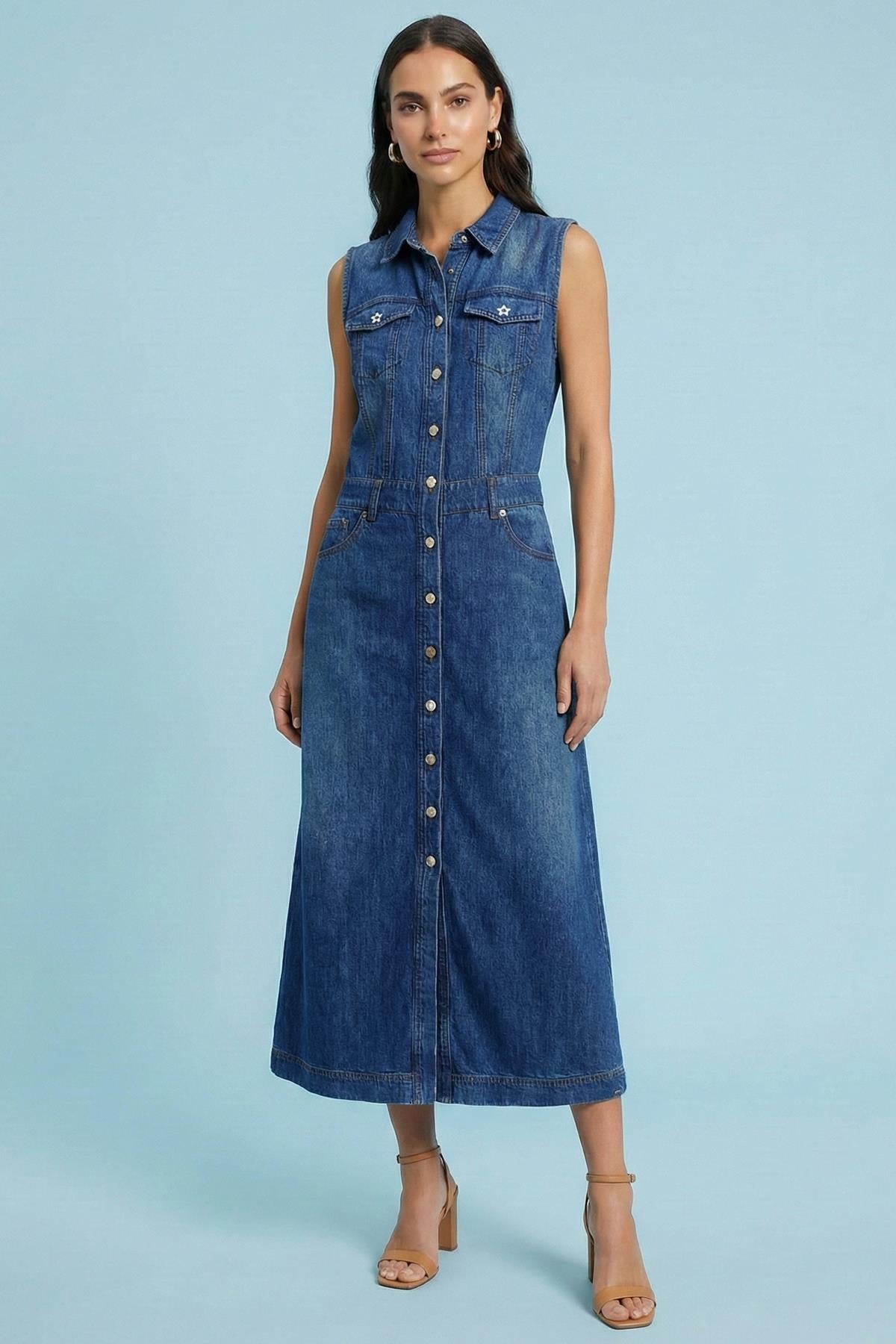 Midi Sleeveless Blue Denim Dress