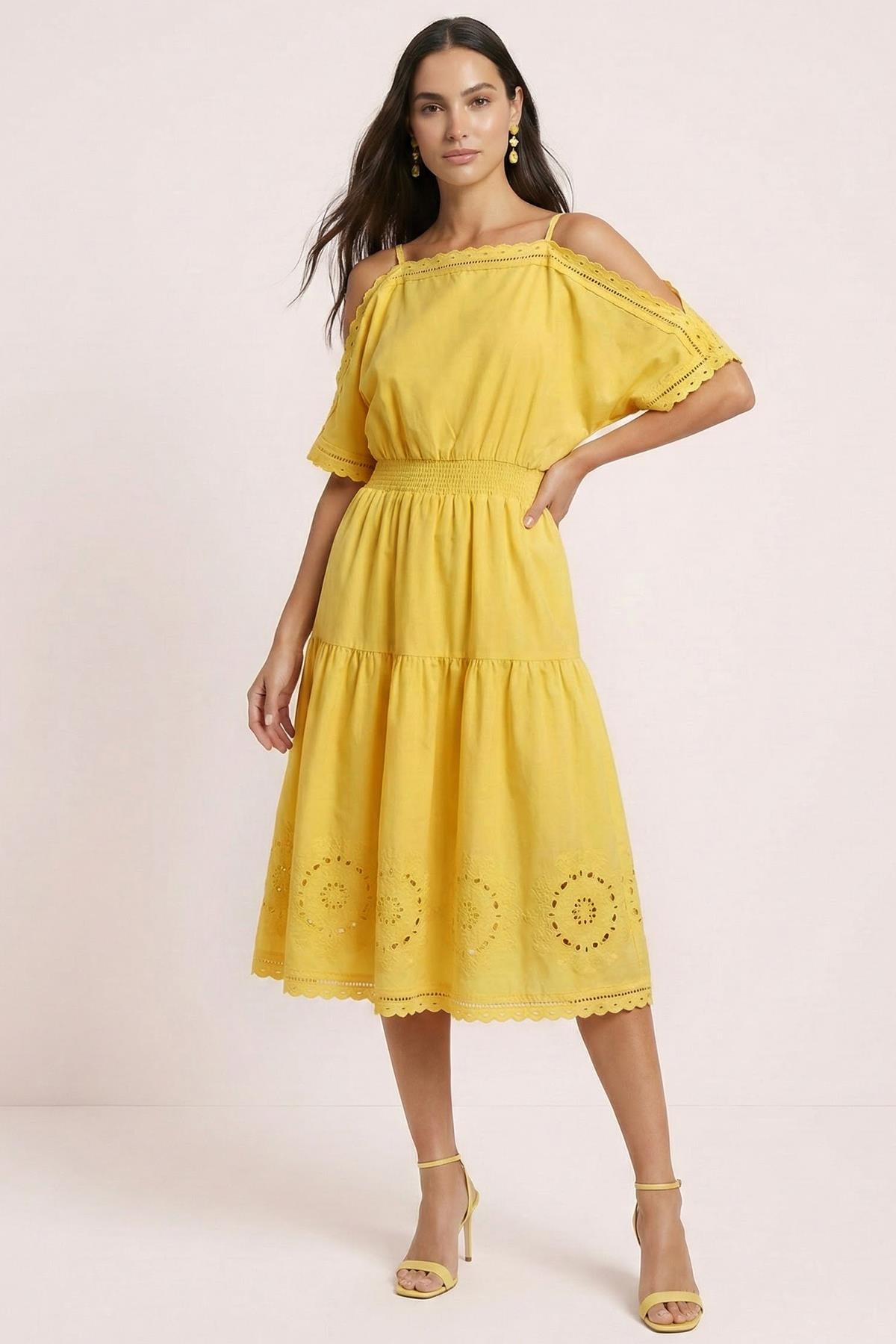 Midi Sarı Brodeli Elbise