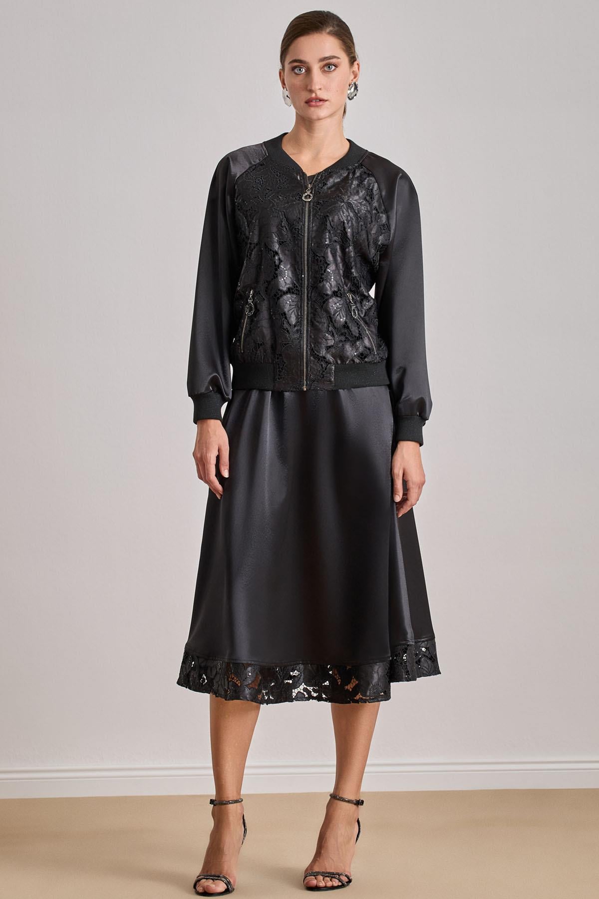 Midi Siyah Saten Etek