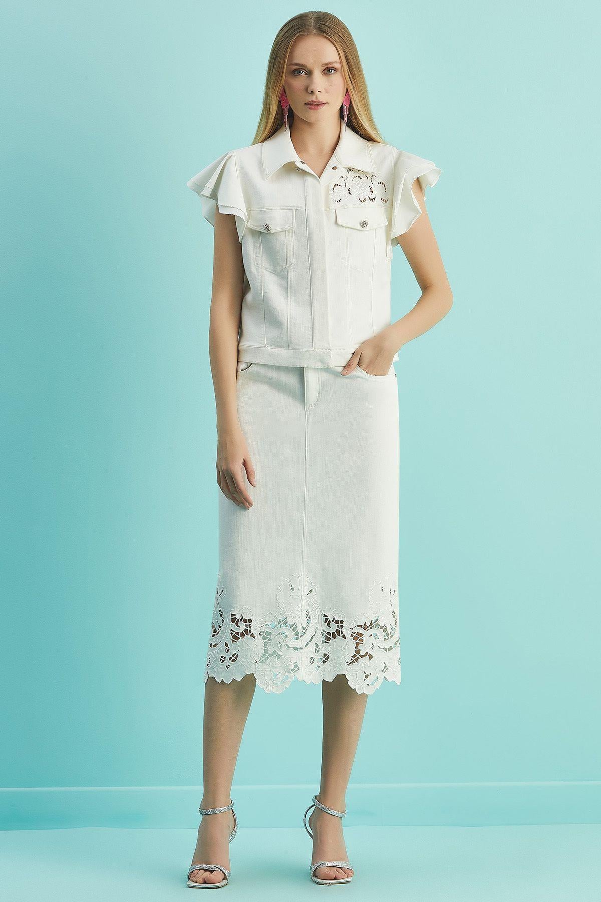 Embroidery Detailed Ecru Cotton Skirt