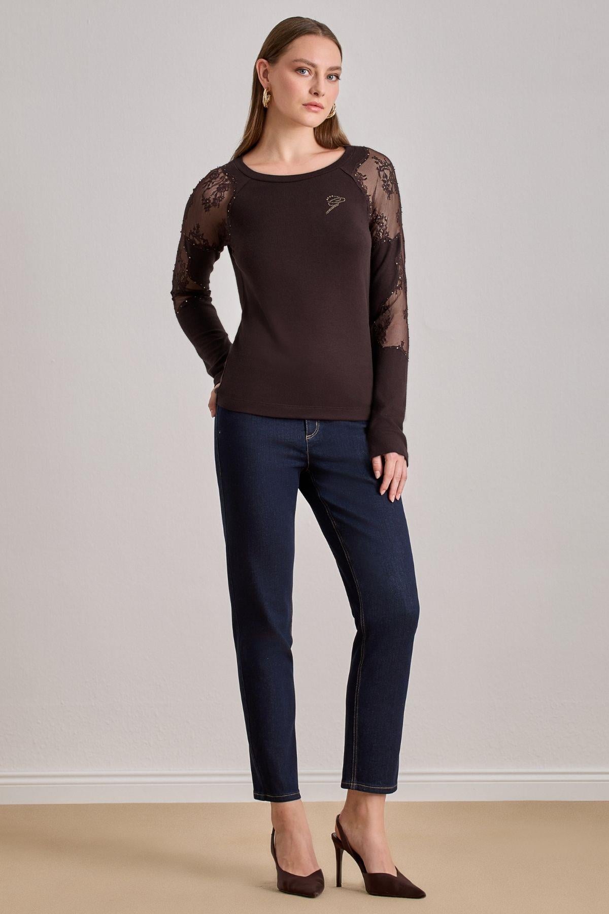 Raglan Sleeve Brown Knit Blouse
