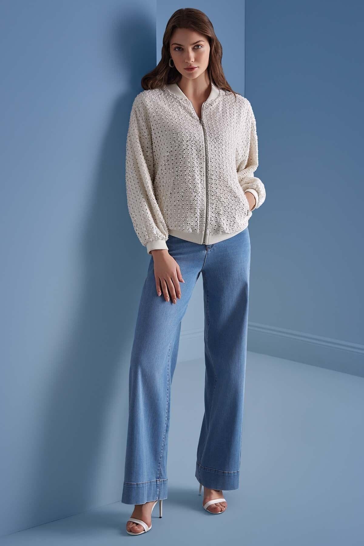 Ribbed Collar Double-Sided Ecru Sequined Jacket