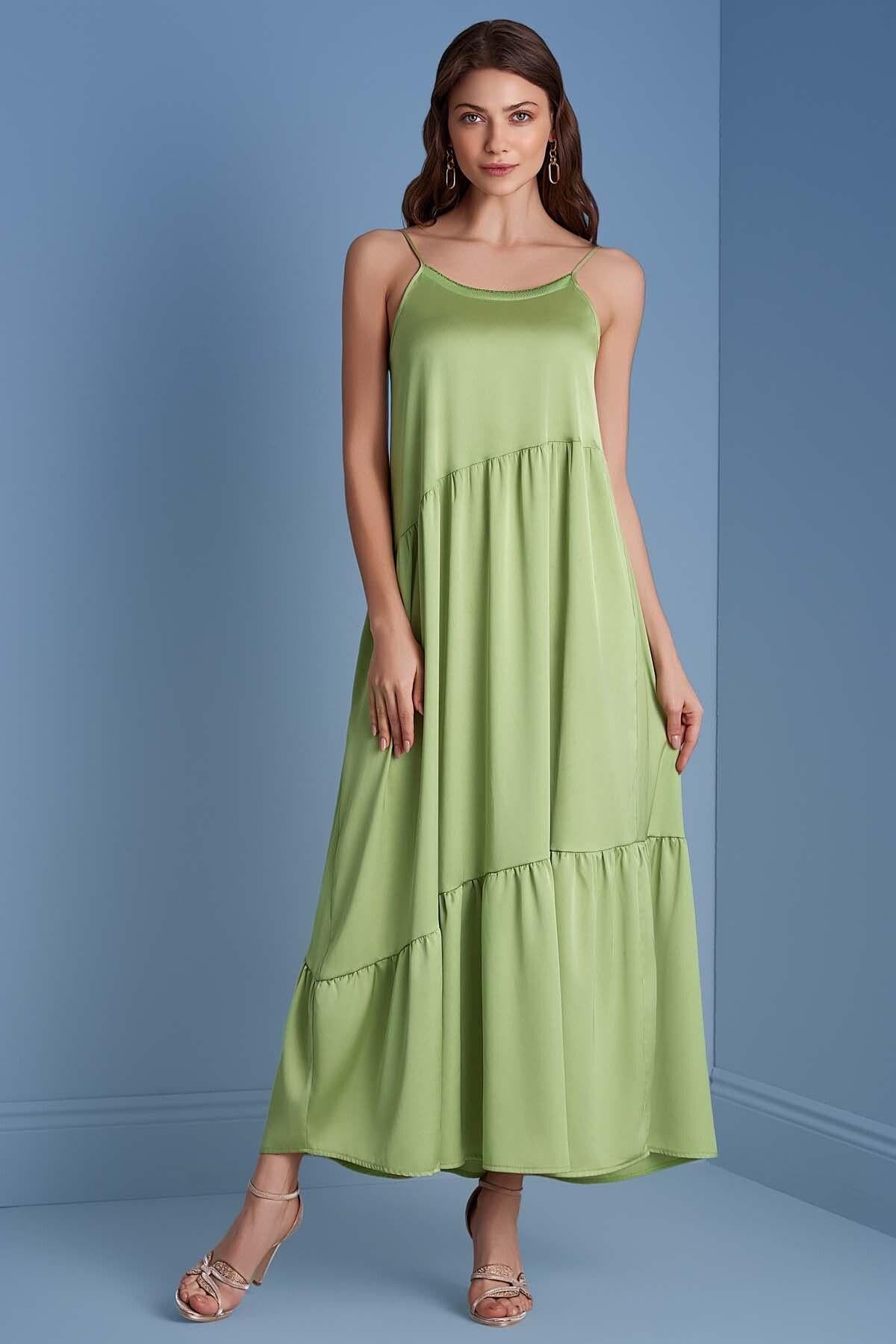 Ribbed Collar Green Satin Dress