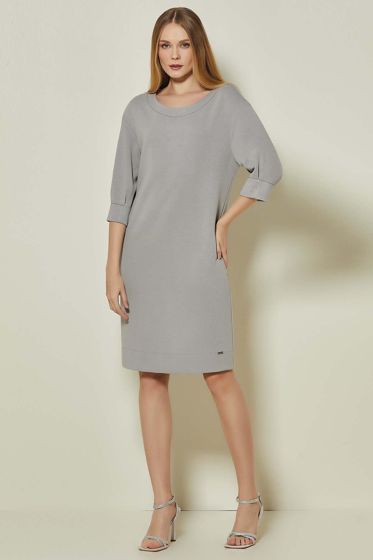Stone Detailed Grey Knit Dress