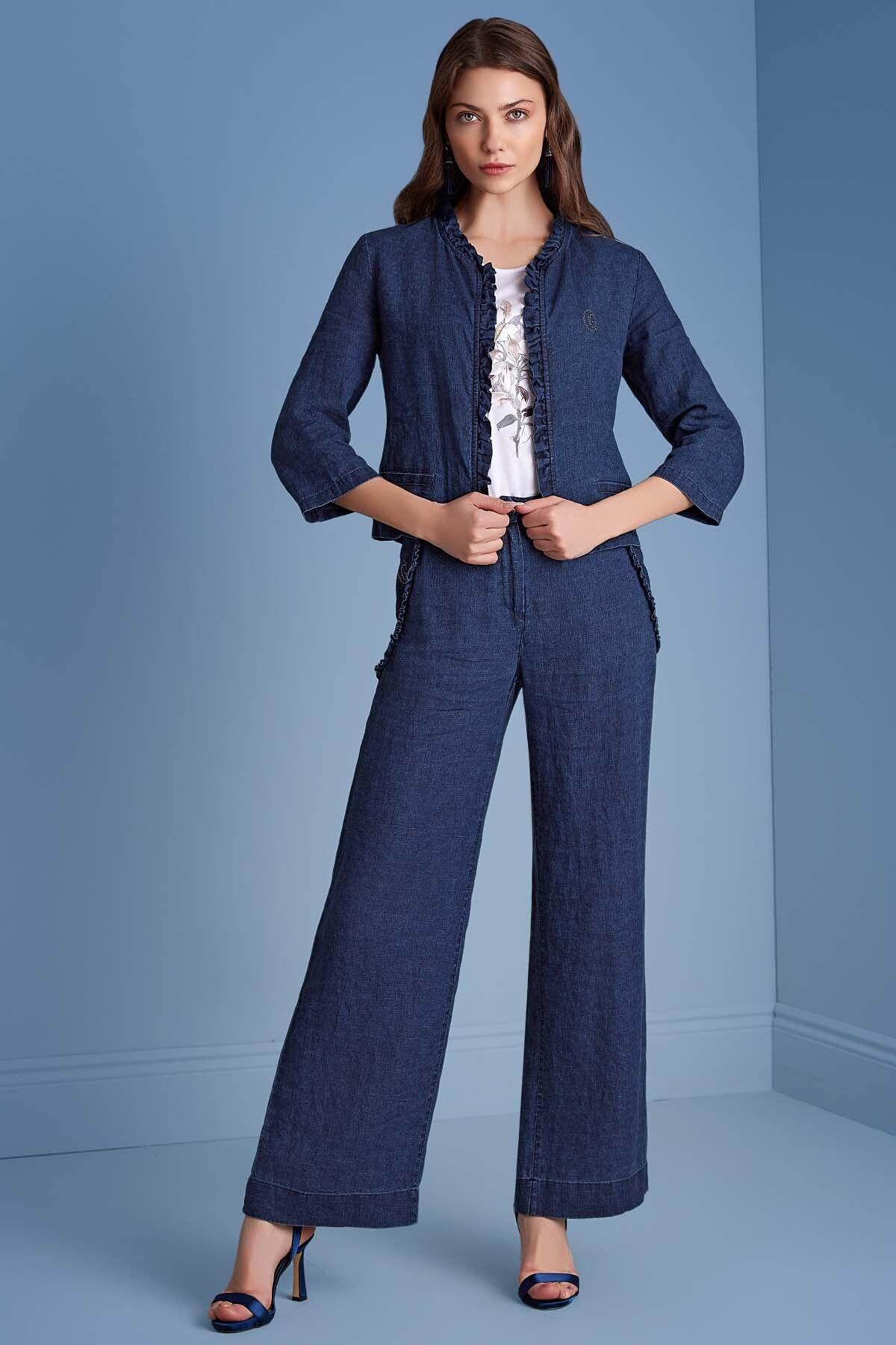 Three-Quarter Sleeve Blue Linen Jacket