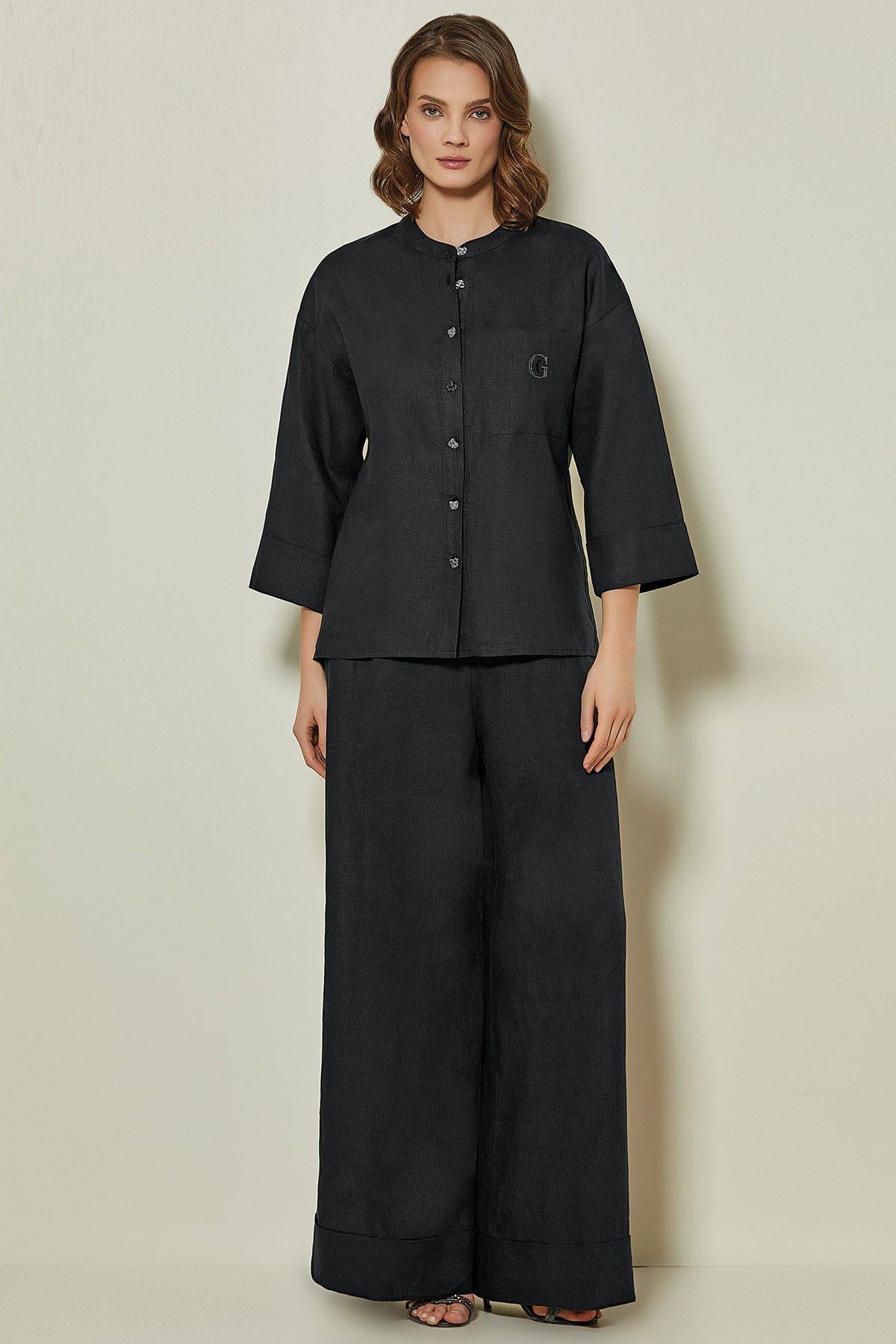 Three-Quarter Sleeve Black Linen Shirt