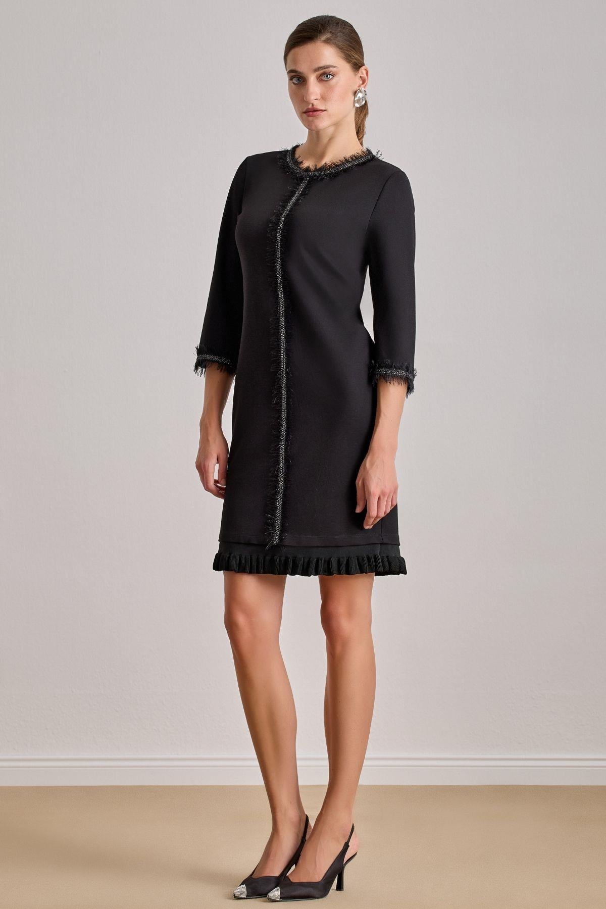 Three-Quarter Sleeve Black Knit Dress
