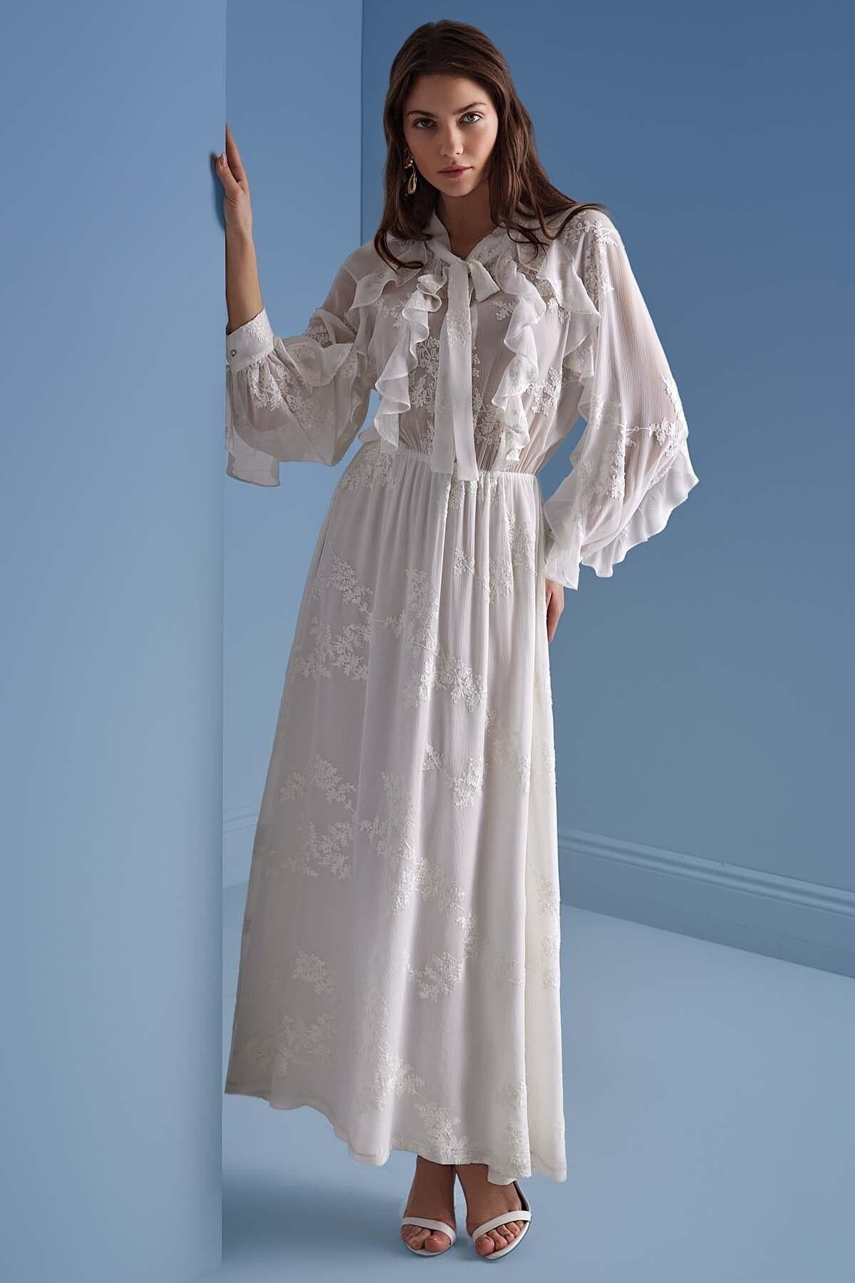 Long Sleeve Ecru Chiffon Dress