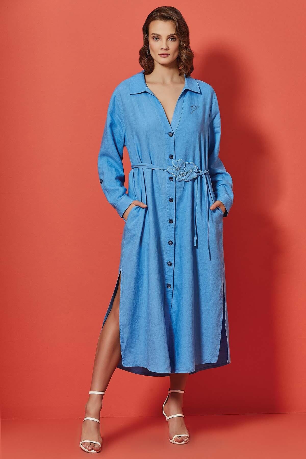 Long Sleeve Blue Linen Dress