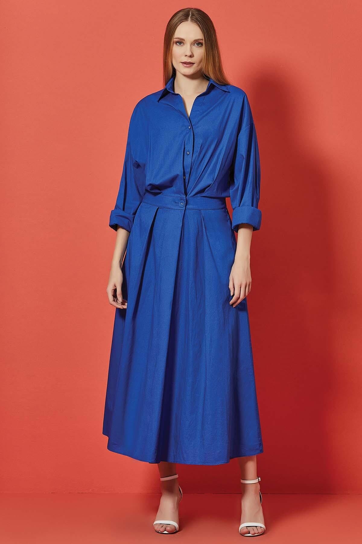 Long Sleeve Blue Poplin Dress