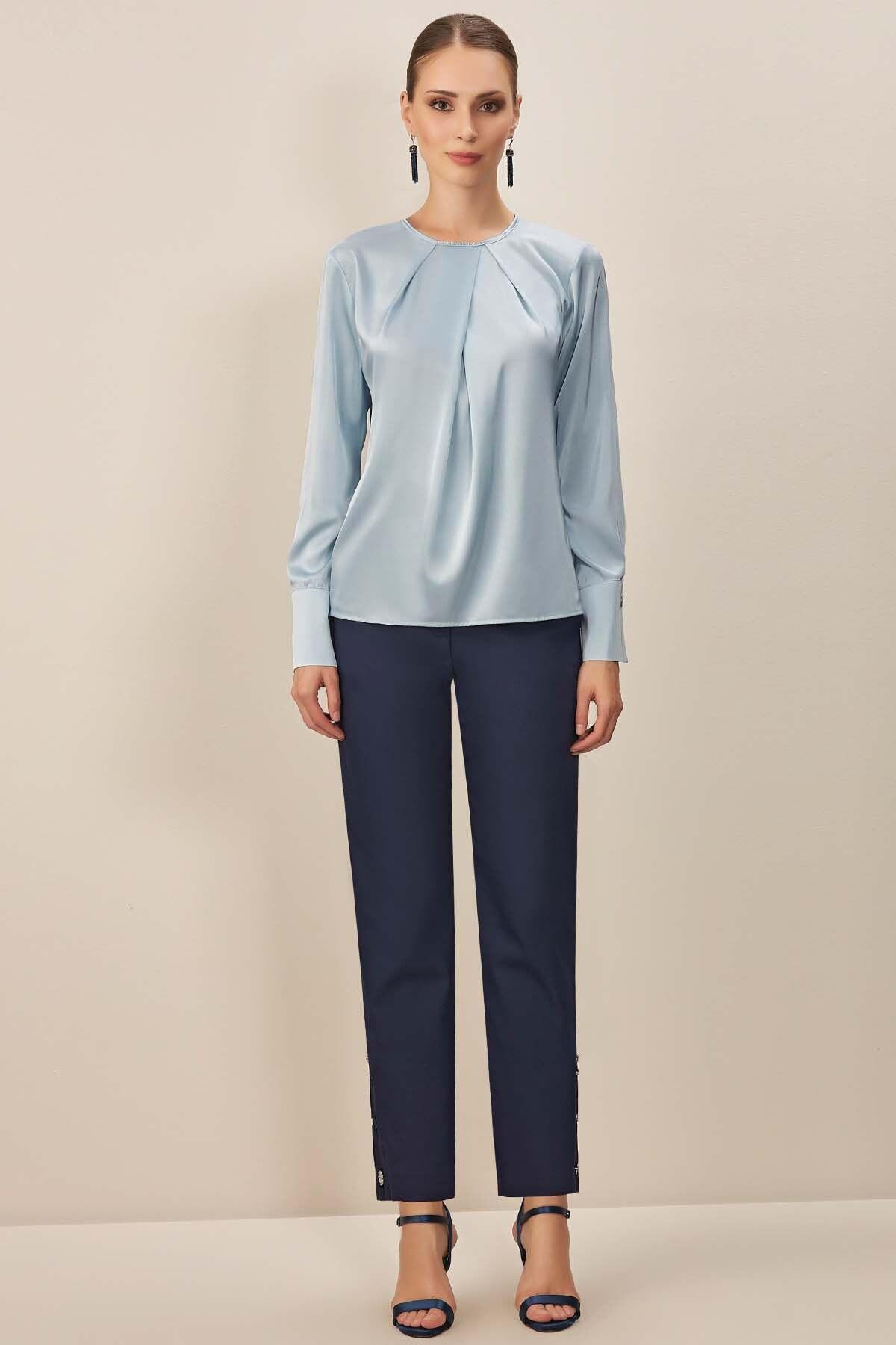 Long Sleeve Blue Satin Blouse