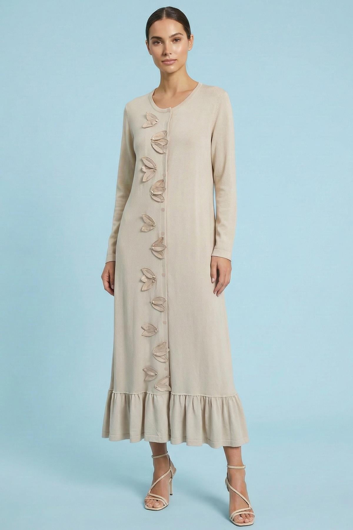 Long Stone-Colored Knit Cardigan