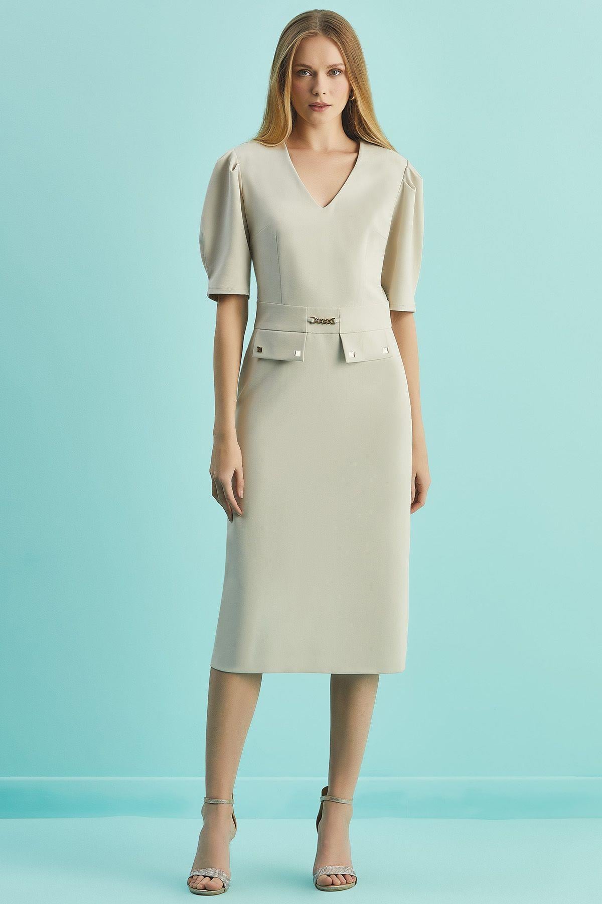 V-Neck Beige Woven Dress