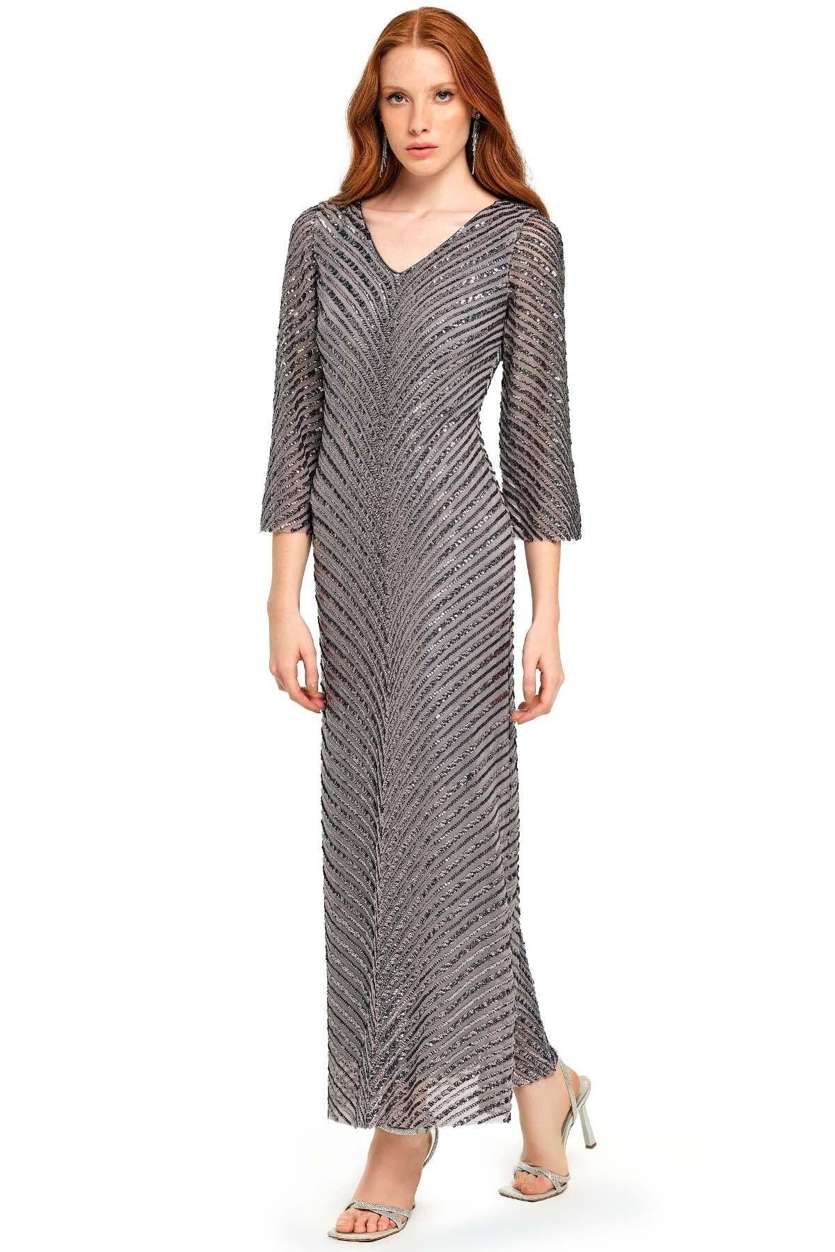 V-Neck Grey Sequined Dress