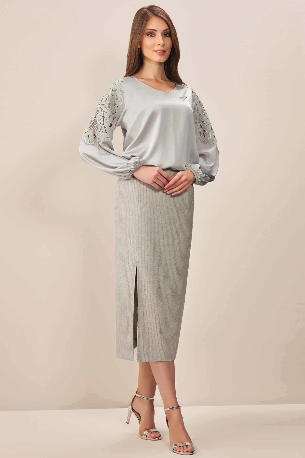 V-Neck Grey Satin Blouse