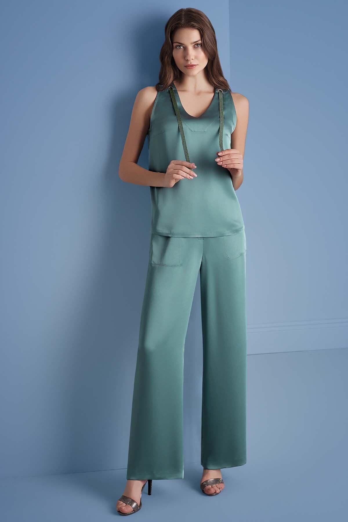 V-Neck Bone Green Satin Blouse
