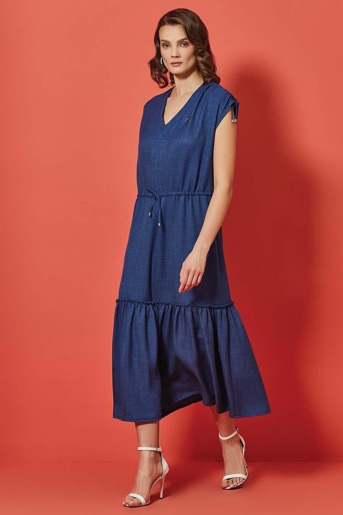 V-Neck Blue Woven Dress