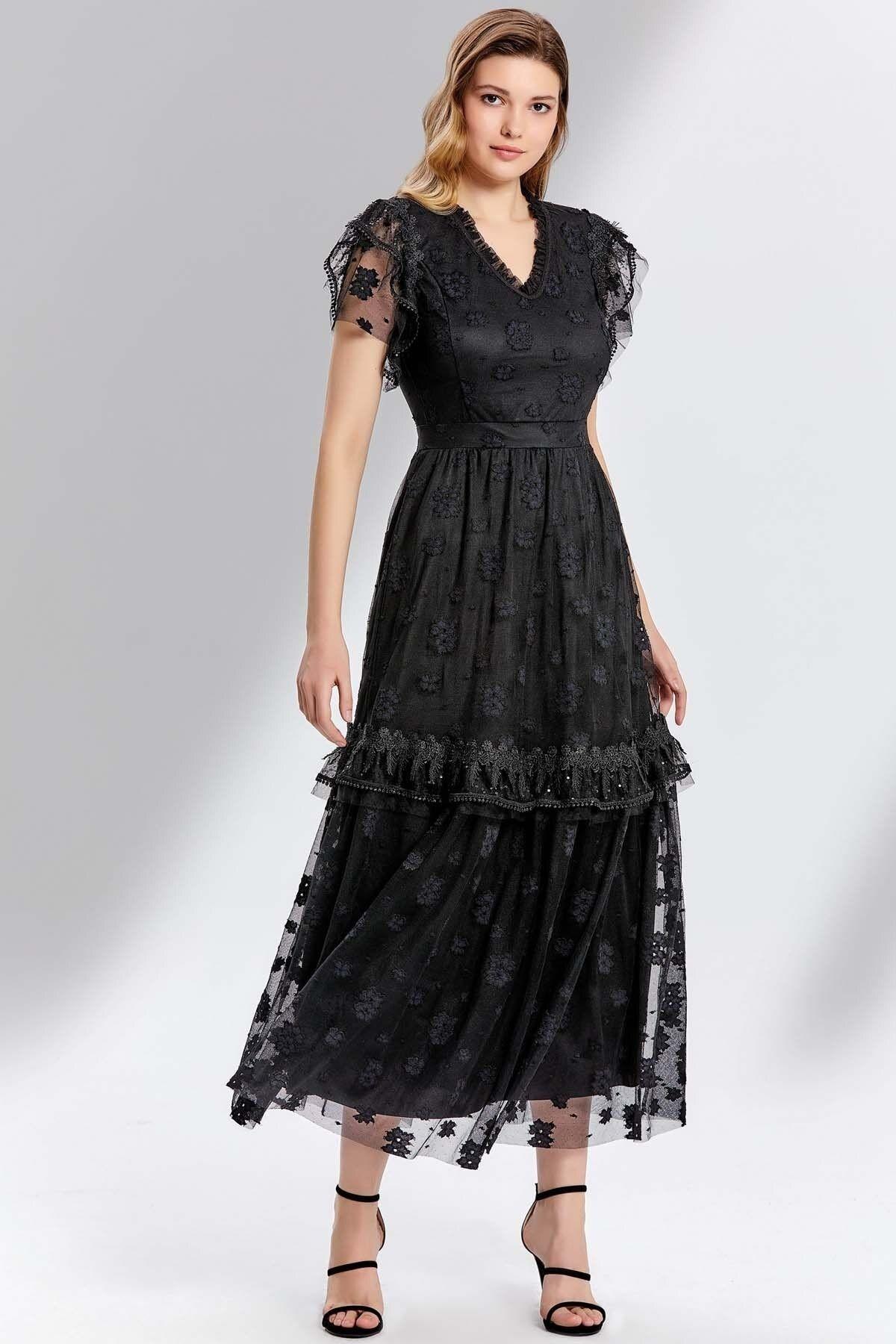 V-Neck Black Lace Dress