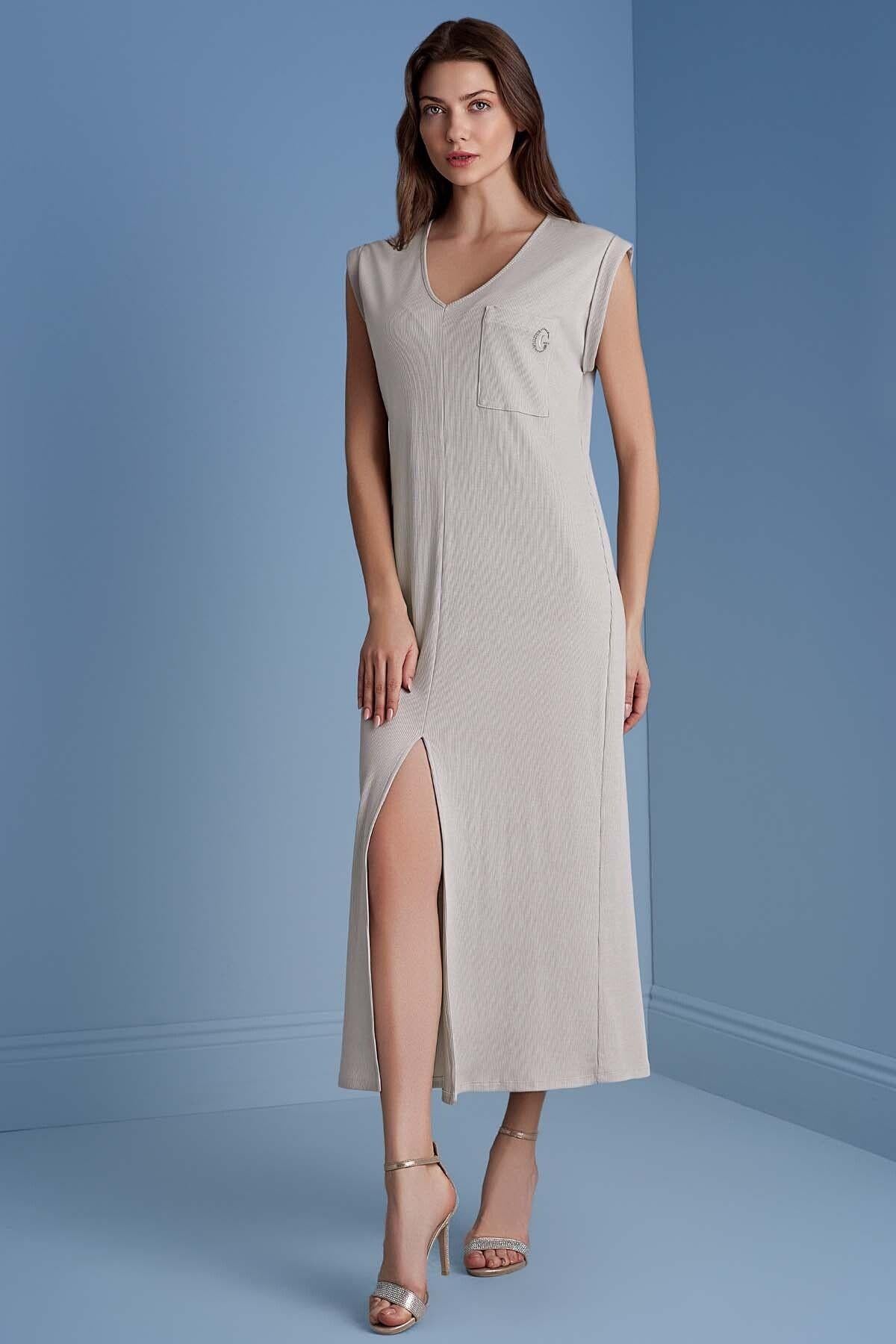 V-Neck Stone Ribbed Dress