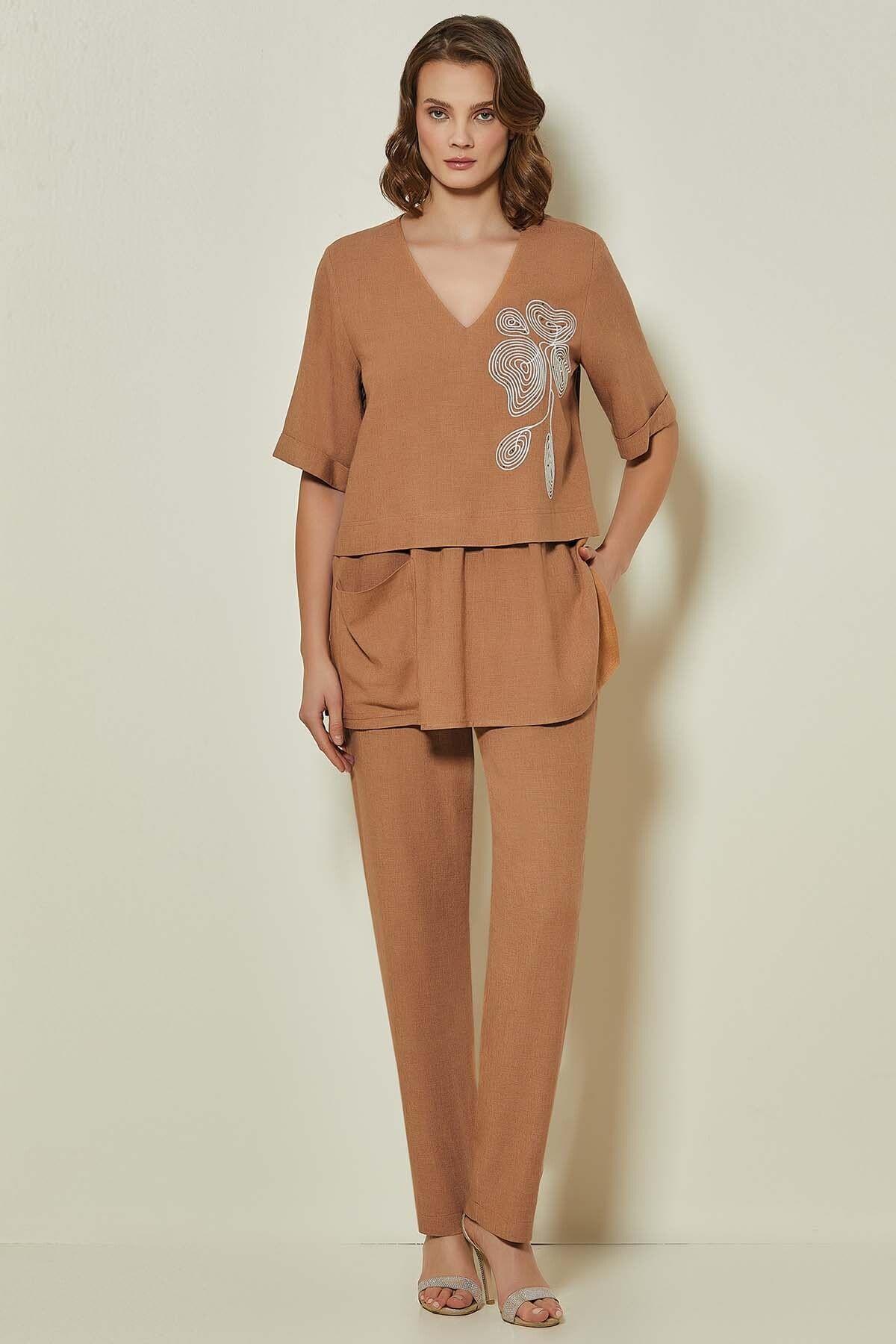 V Yaka Vizon Keten Tunik