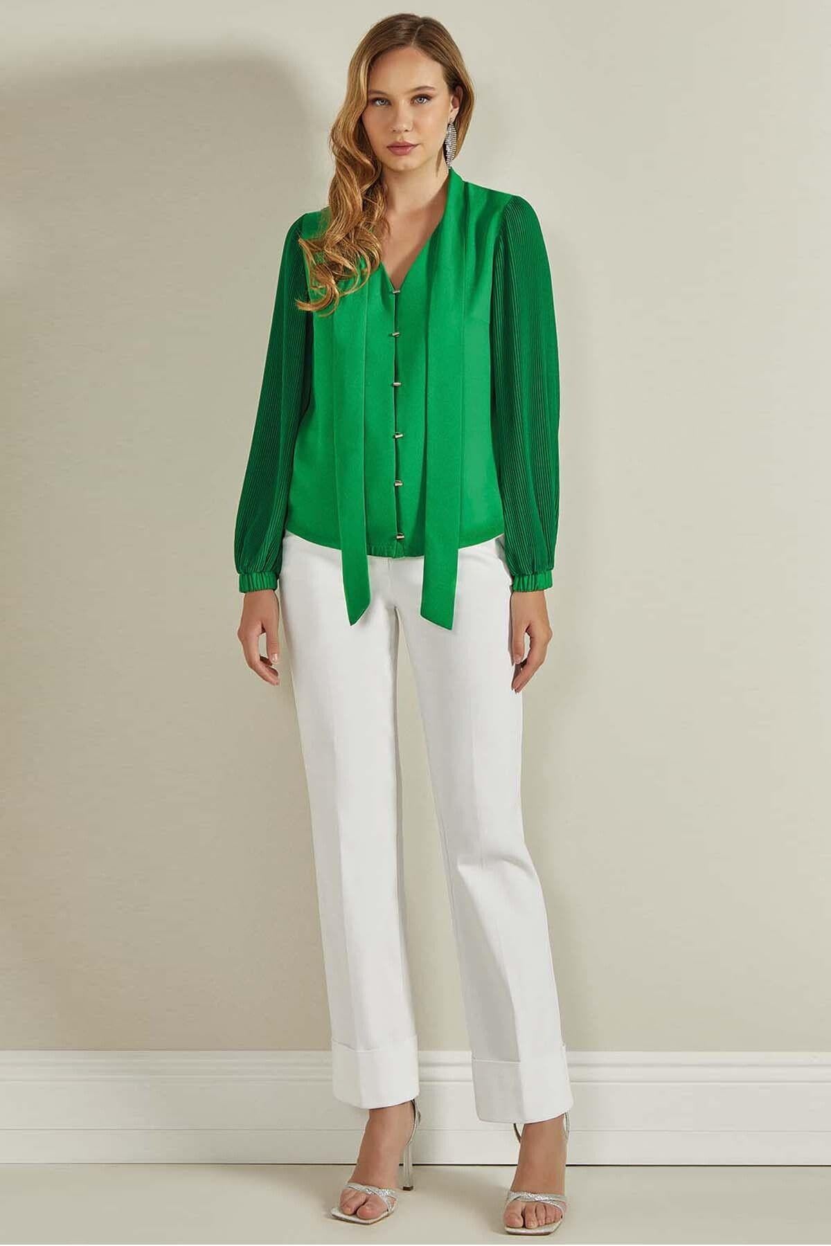 V-Neck Green Woven Blouse
