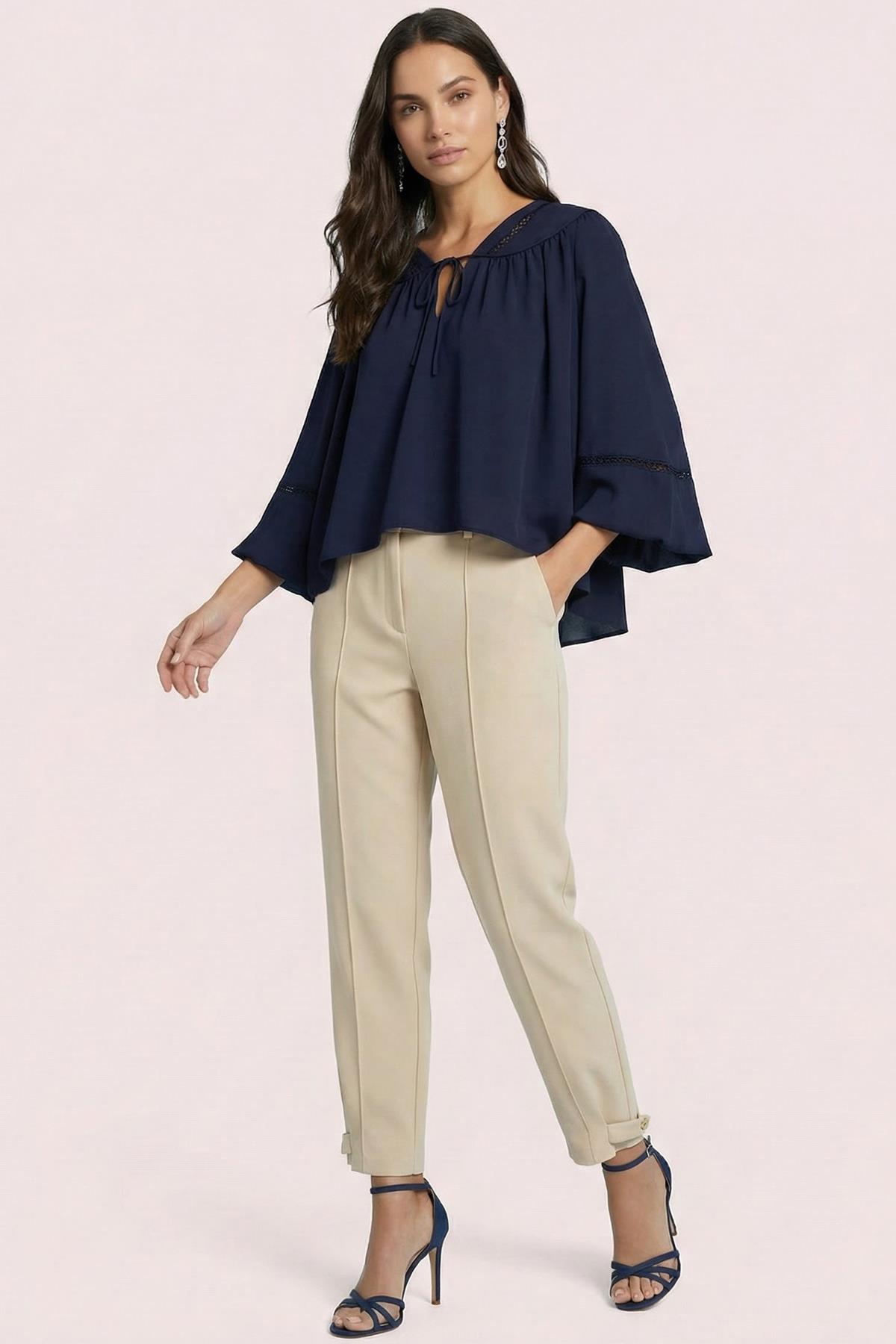 Stone Color Woven Trousers with Side Pockets
