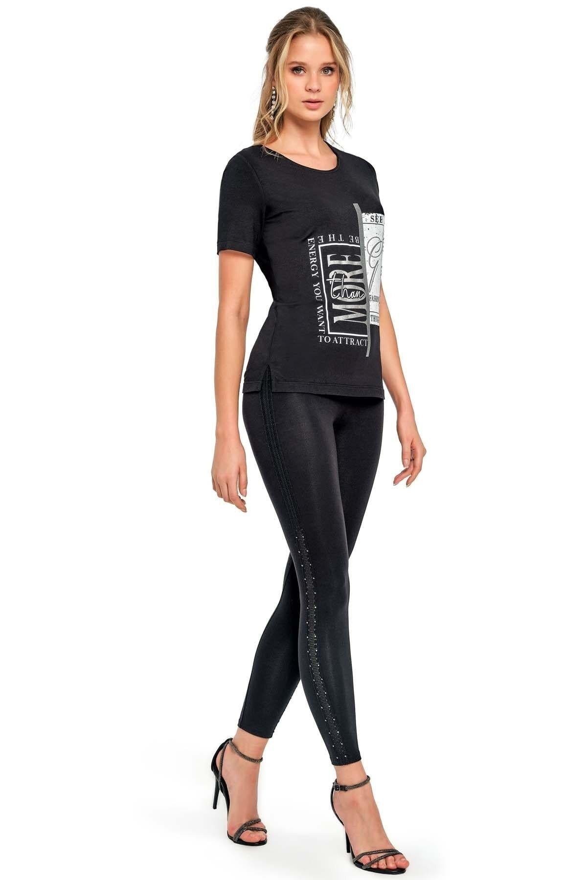 Side Stripe Detailed Black Jersey Leggings