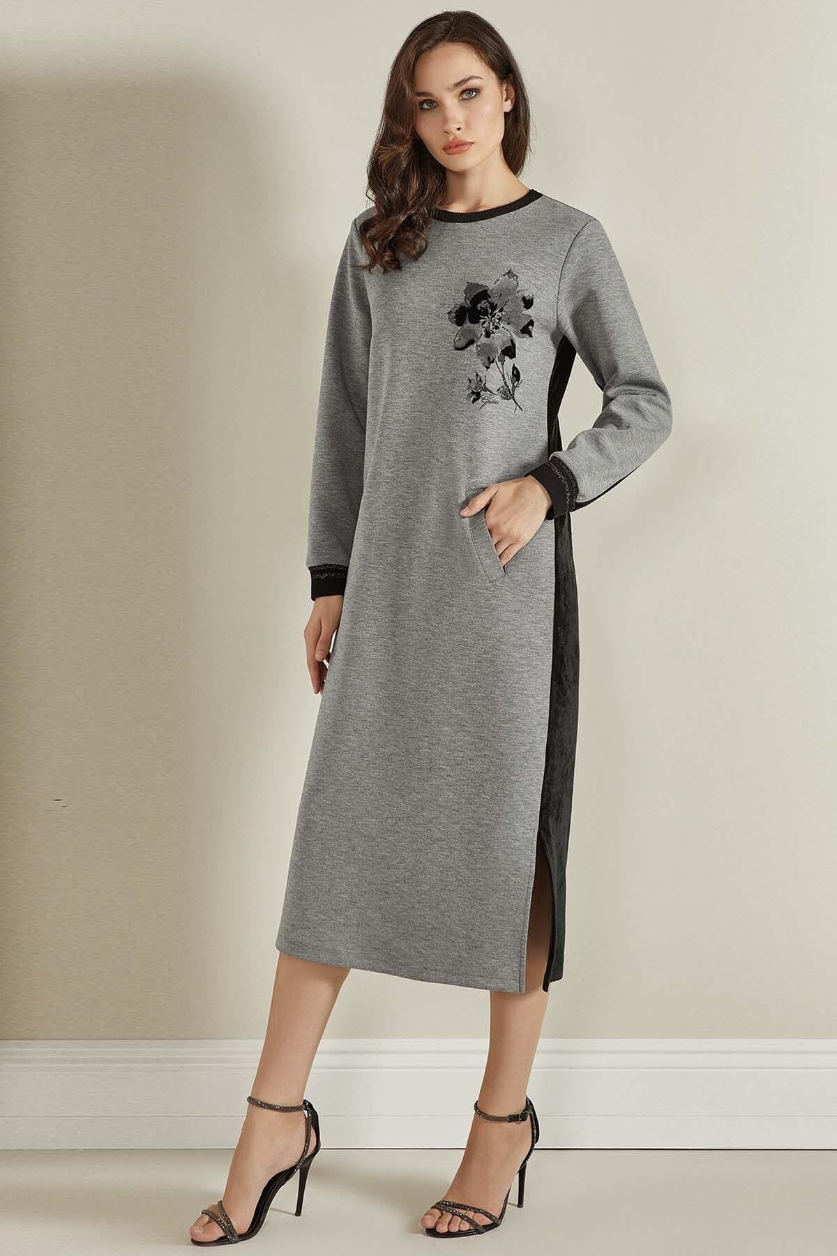 Yuvarlak Yaka Gri Örme Elbise