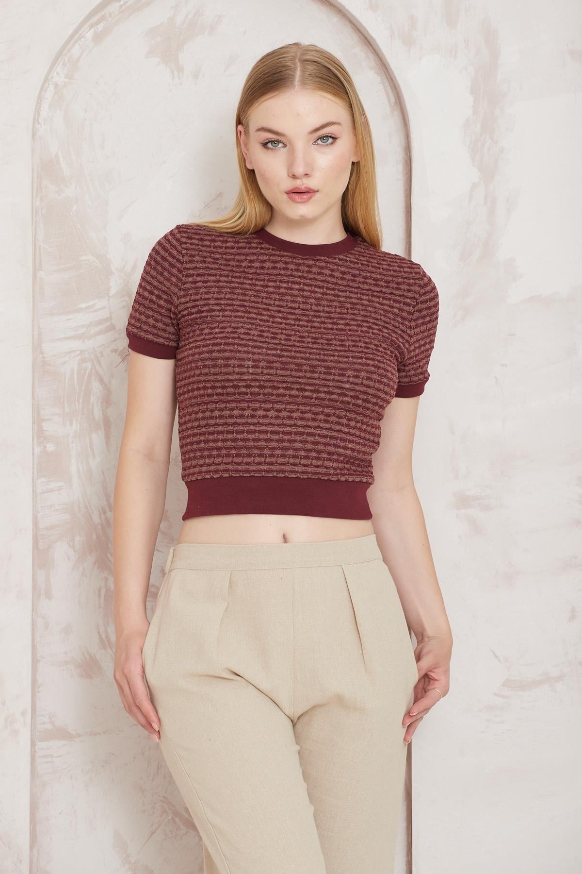 Amida Bordo Jakar Örgü Kadın Crop T-shirt - 2402