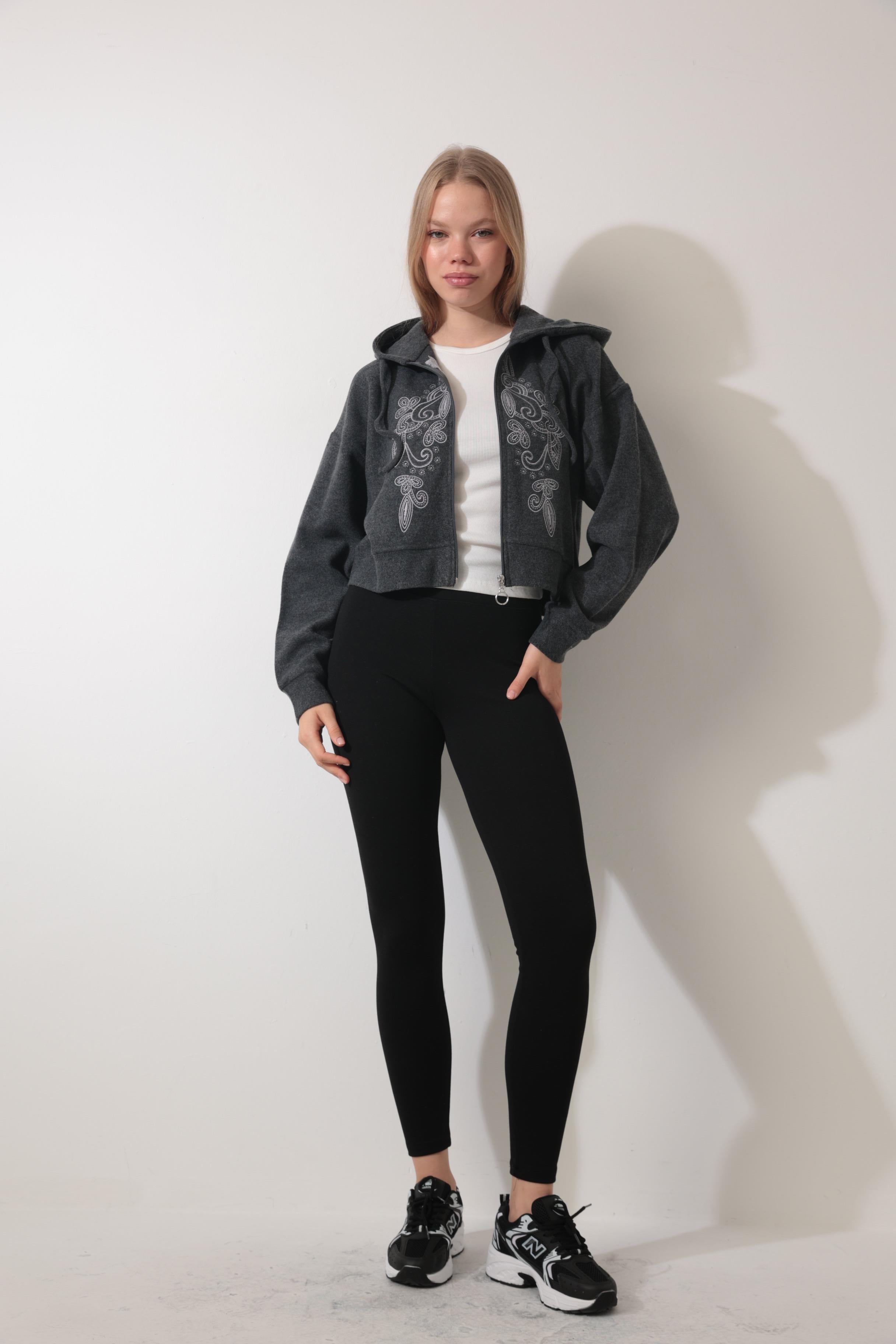 Antrasit Önü Nakış İşlemeli Fermuarlı Kapüşonlu Selanik Hırka - 2434