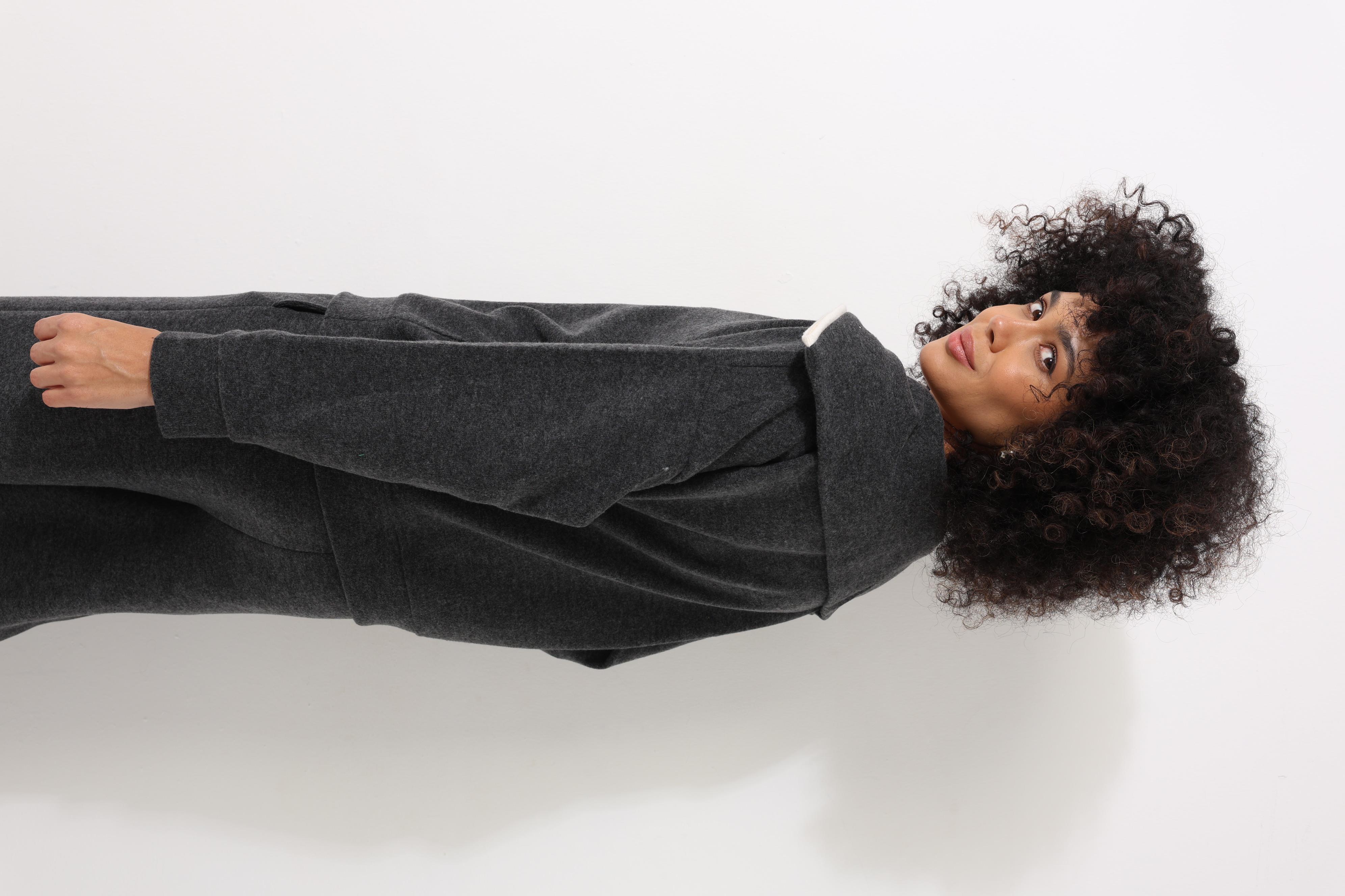 Antrasit Selanik Kumaş Şal Yaka Oversize Fermuarlı Kadın Sweatshirt - 2441