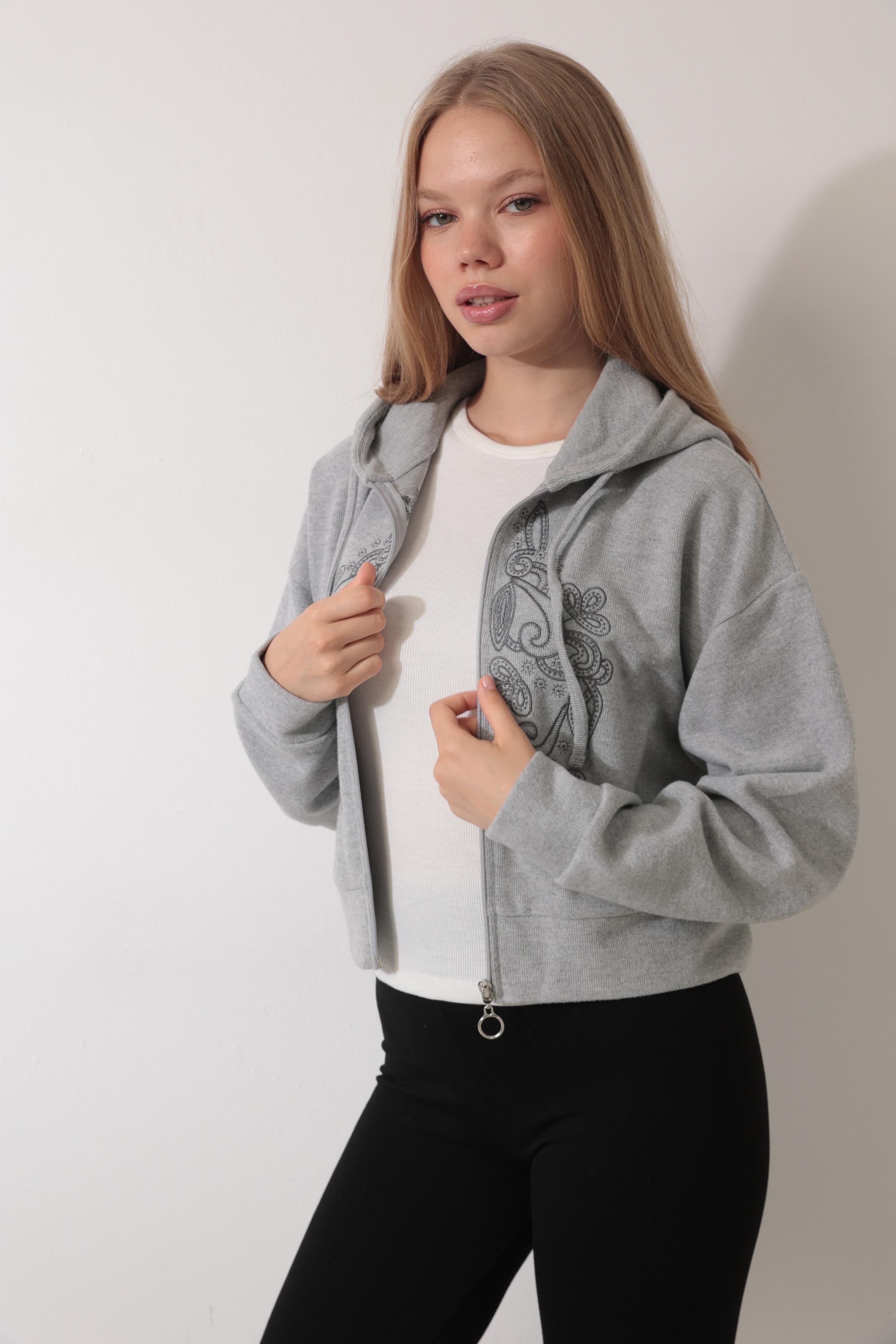 Grimelanj Önü Nakış İşlemeli Fermuarlı Kapüşonlu Selanik Hırka - 2434