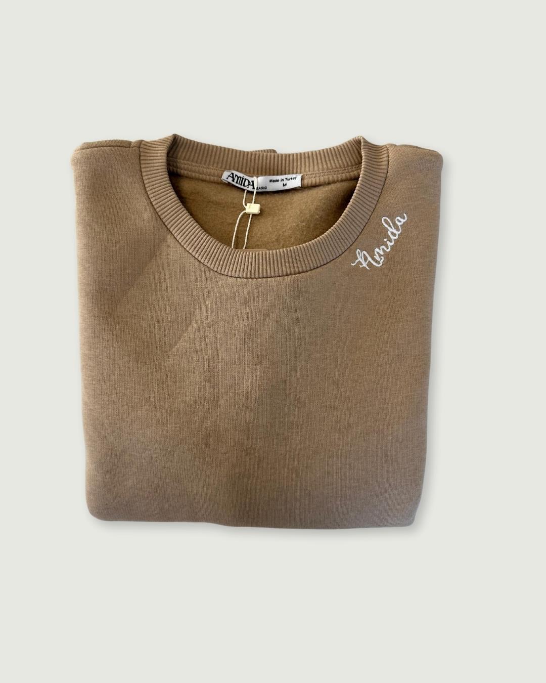 Kadın Bej Bisiklet Yaka Minimal Nakışlı Sweatshirt - 2532