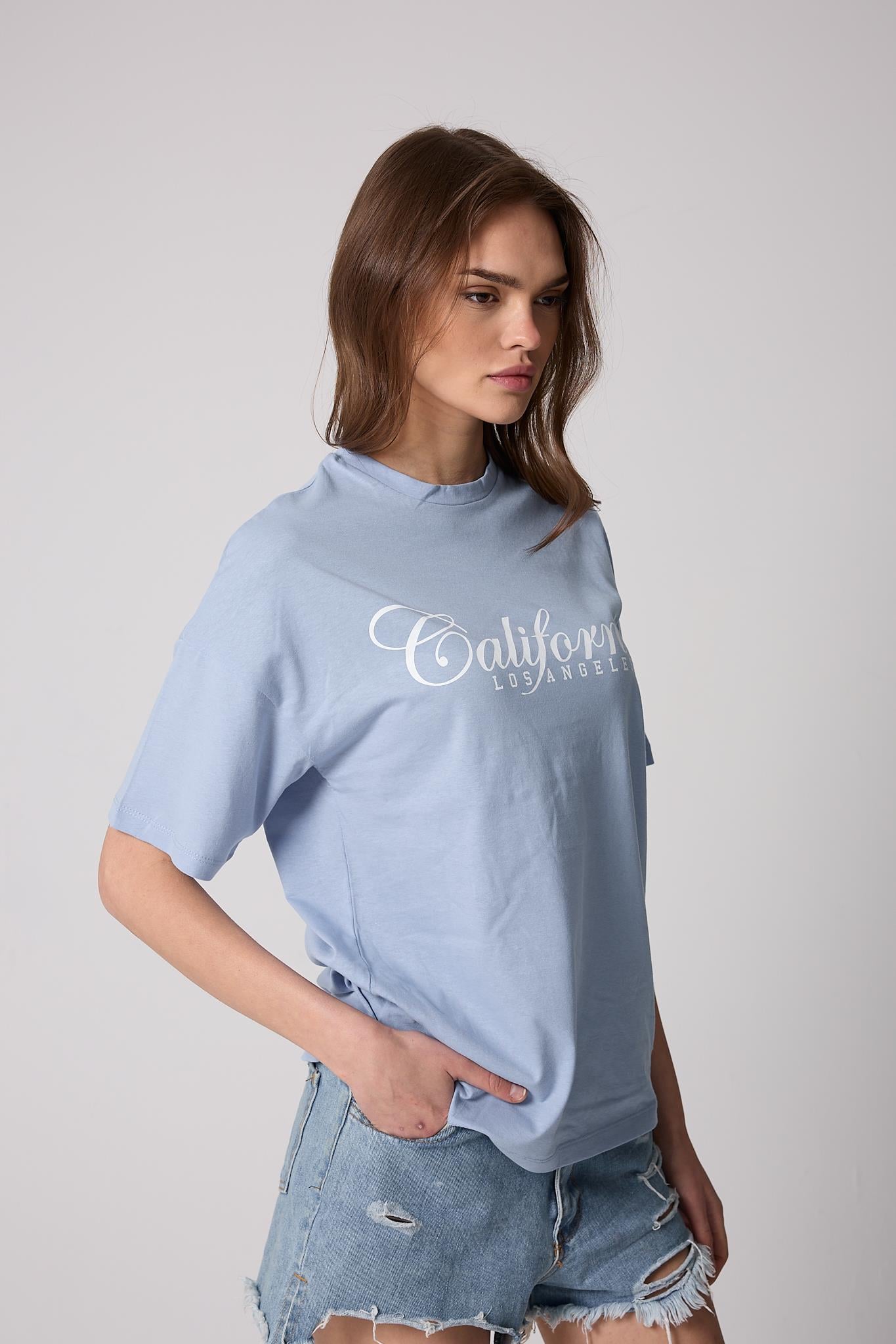 Kadın Buz Mavisi Oversize T-Shirt California Baskılı - 2517