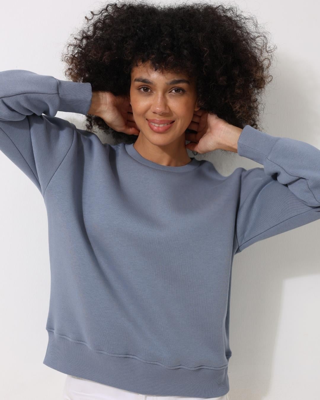 Kadın Mavi Bisiklet Yaka Basic Sweatshirt - 2533