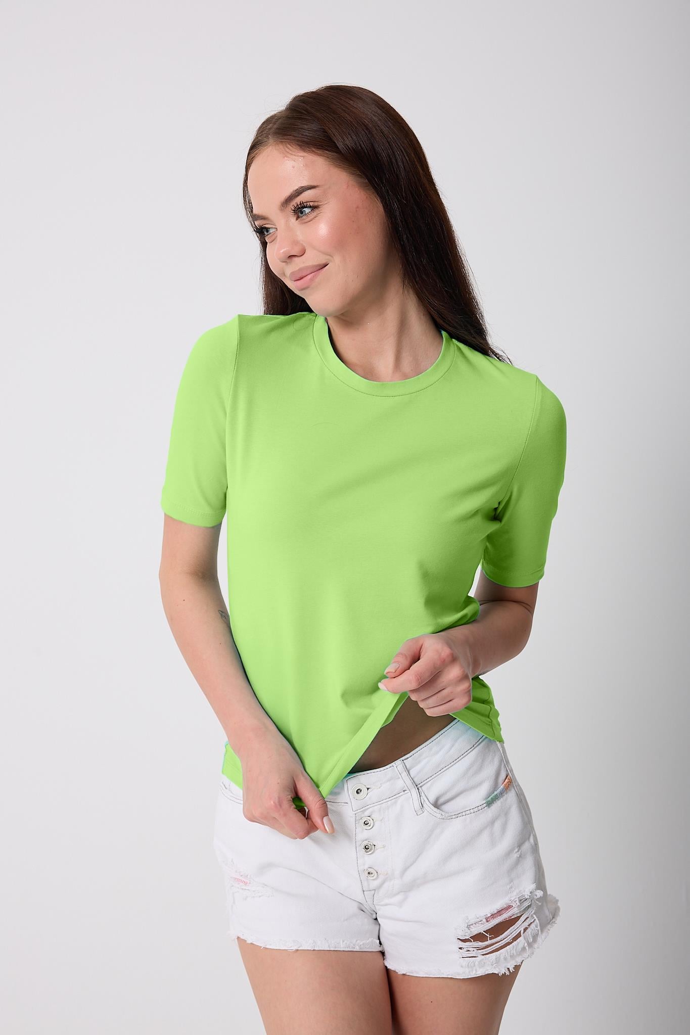 Kadın Neon Yeşil Likralı Yarım Kollu Basic T-shirt - 2524