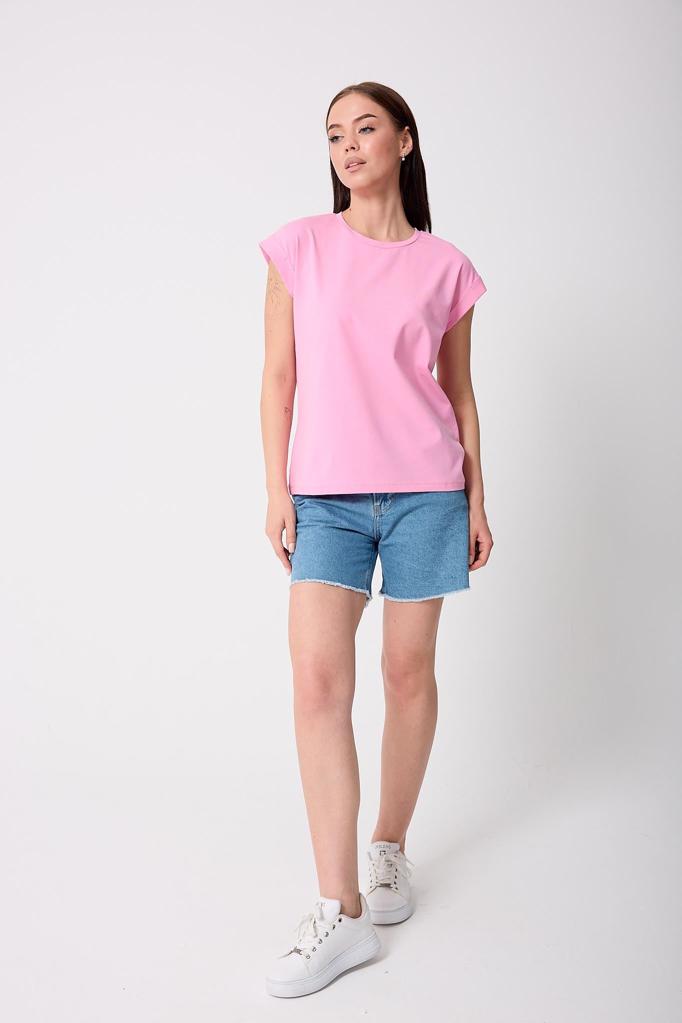 Kadın Pembe Likralı Duble Kol Basic T-shirt - 2525
