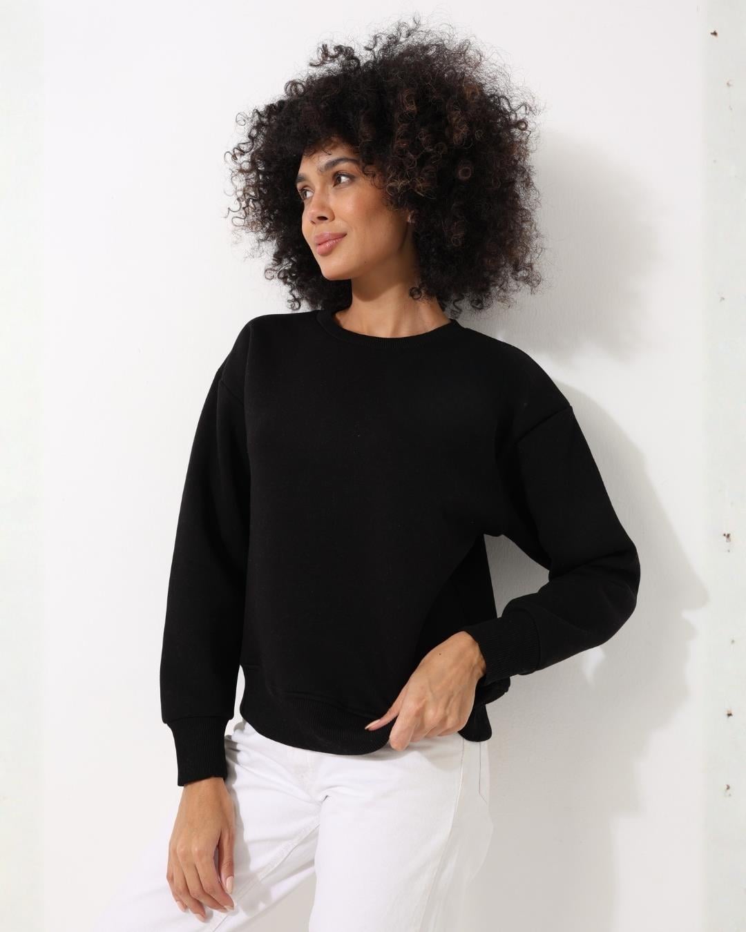 Kadın Siyah Bisiklet Yaka Basic Sweatshirt - 2533